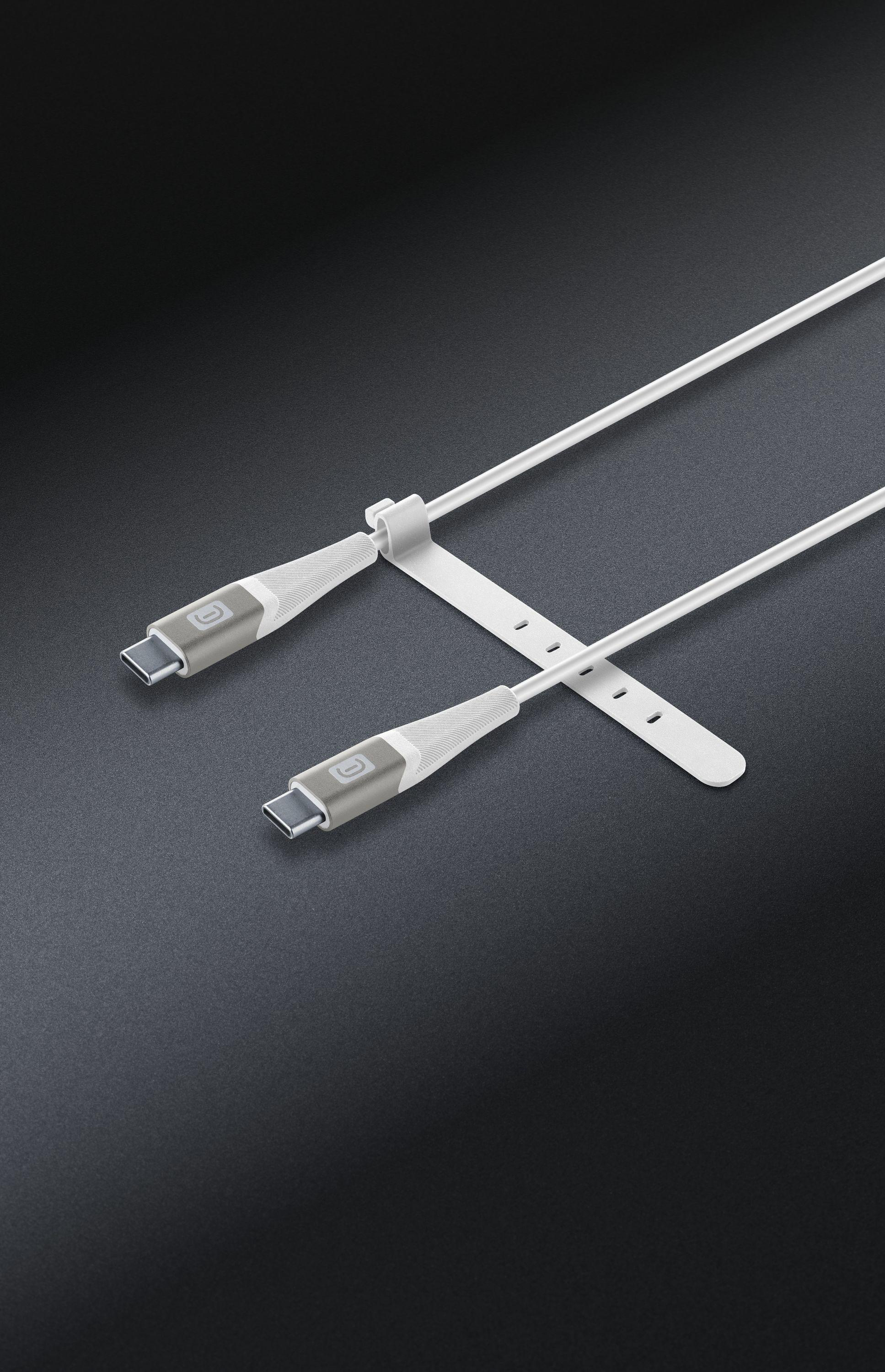 Weiße USB-C-Kabel mit weißem Kabel-Organizer auf dunkler Oberfläche.