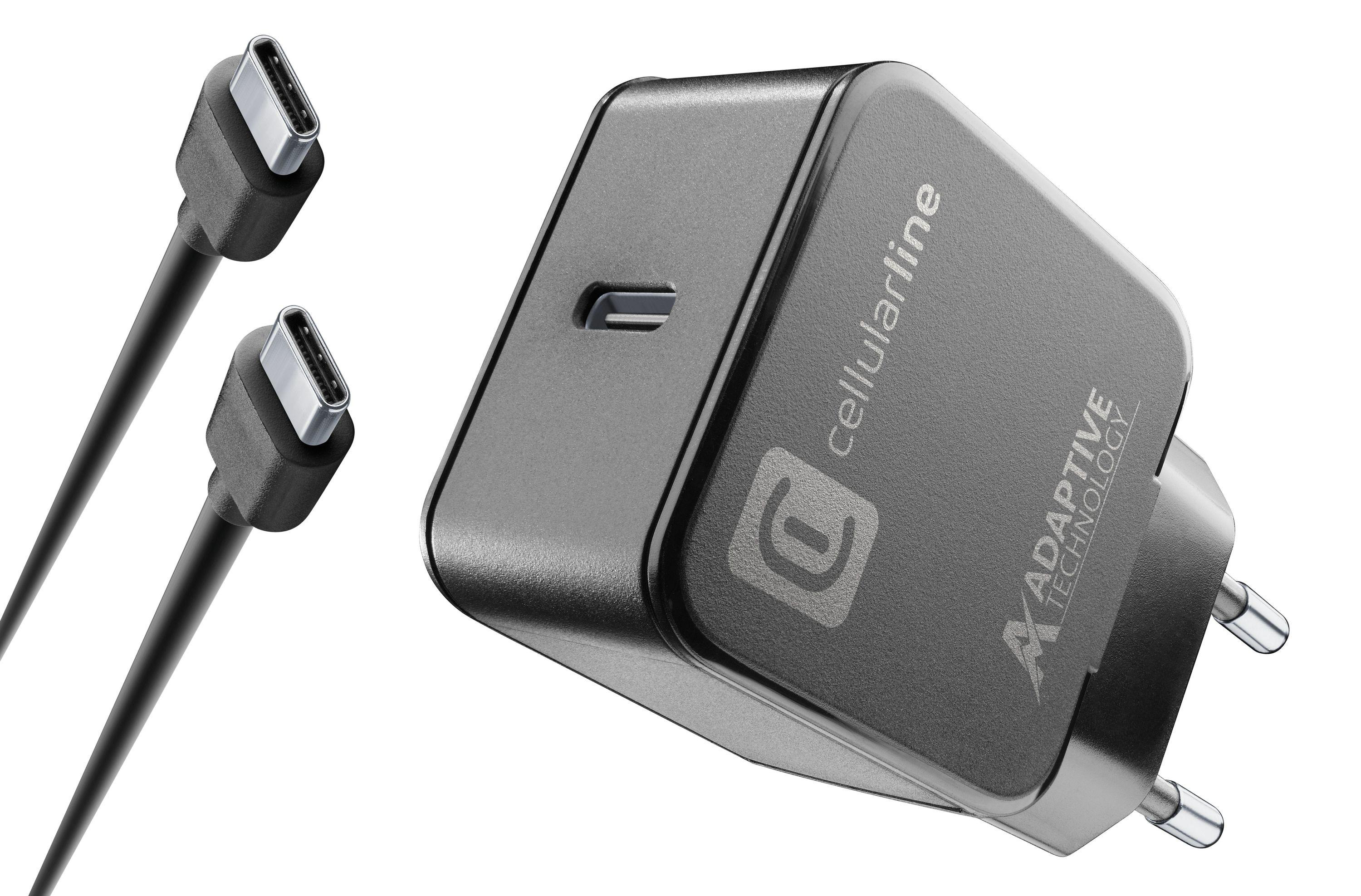 Schwarzes Ladegerät und zwei schwarze USB-C-Kabel. Graue und silberne Akzente sind sichtbar.
