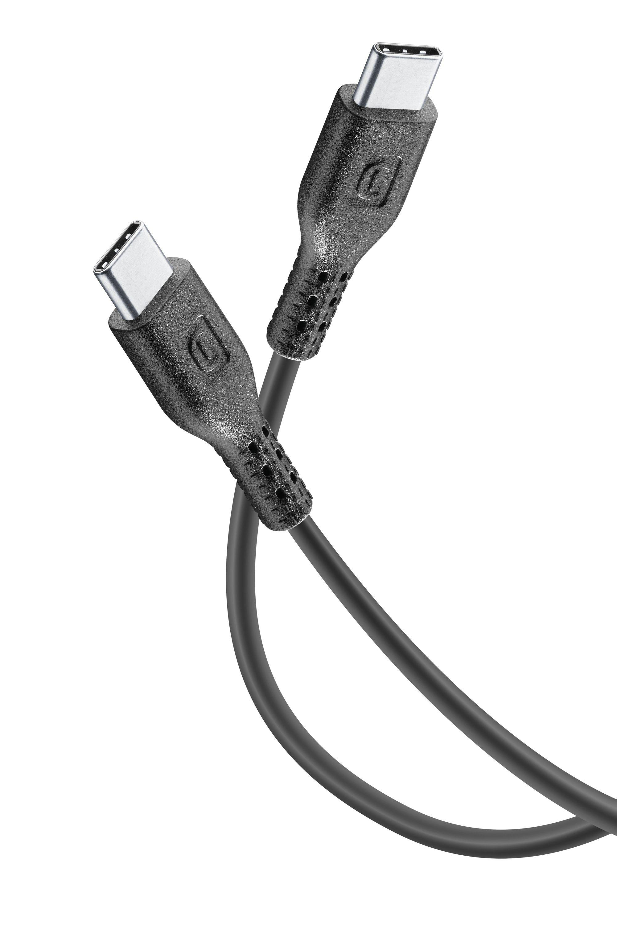 Zwei schwarze USB-C-Kabel auf weißem Hintergrund. Beide Kabel sind abgewinkelt, die Anschlüsse sind sichtbar.