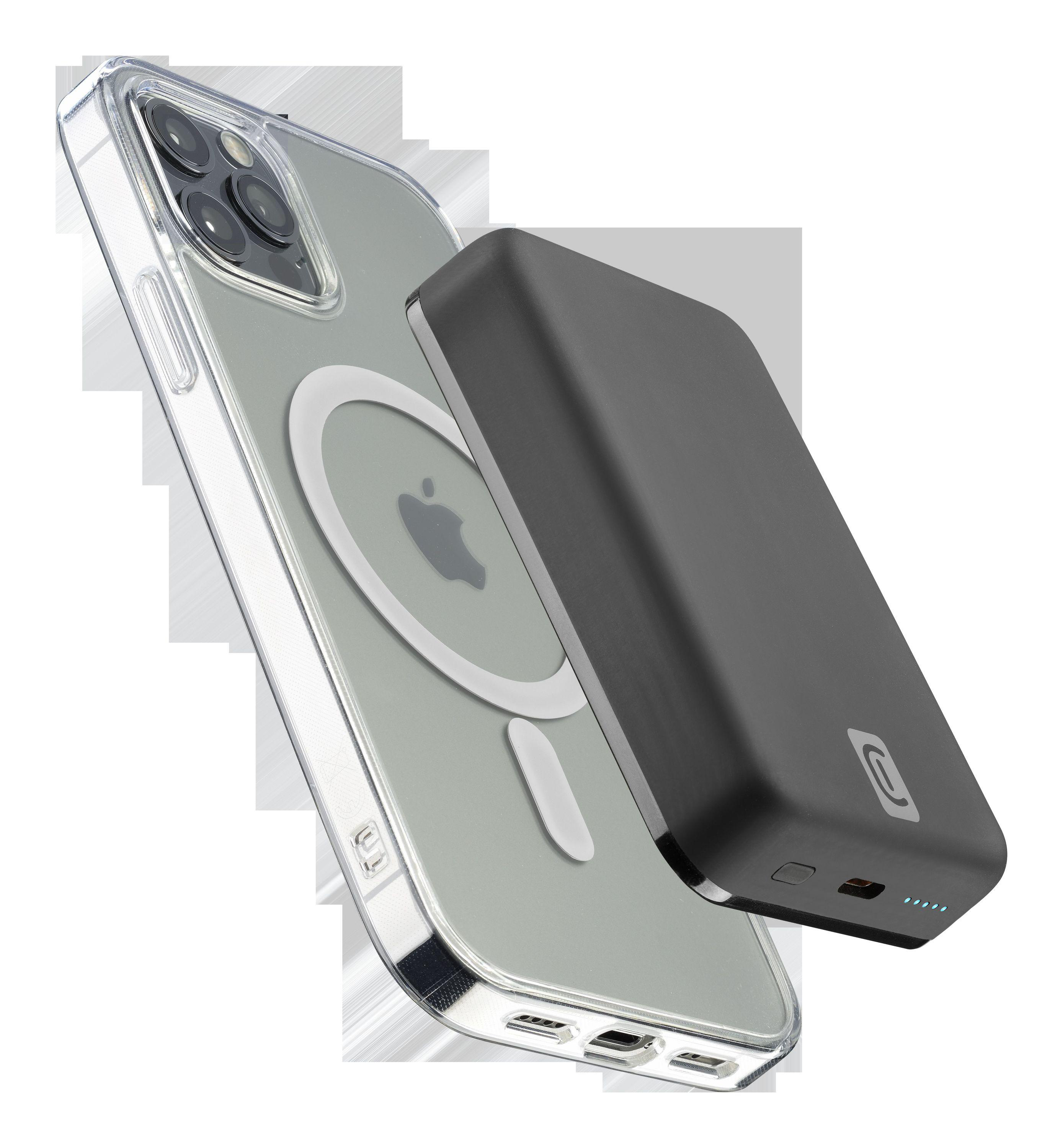 Telefon in klarer Hülle mit schwarzer Powerbank, auf weißem Untergrund.