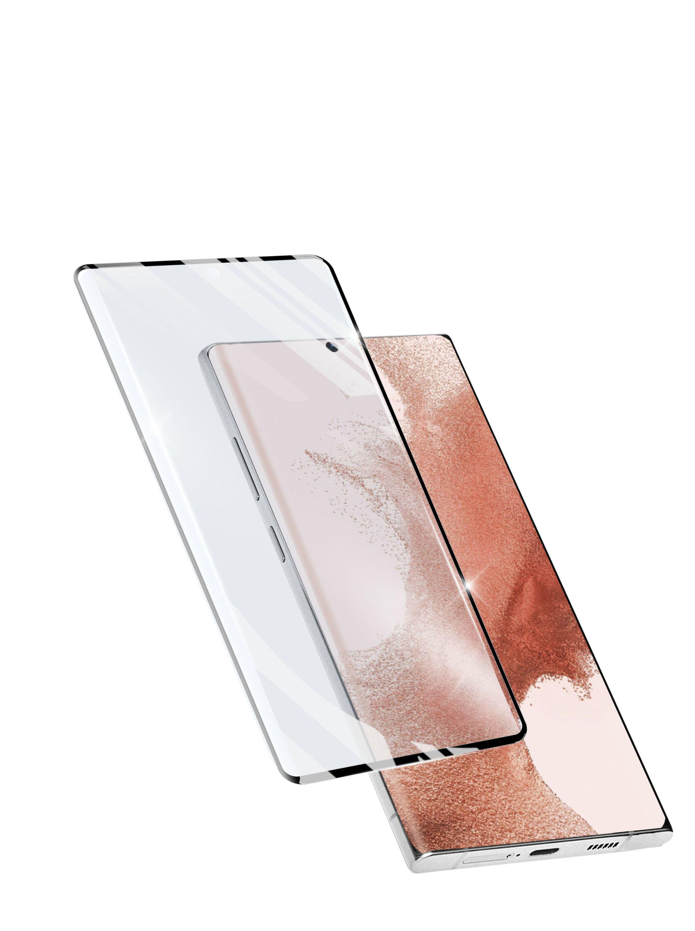 Zwei Smartphones mit Displayschutzfolien. Ein Telefon hat eine rosa Rückseite.