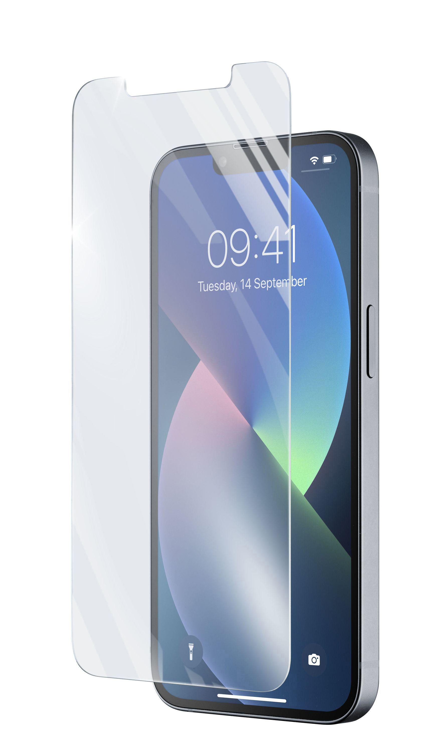 iPhone mit angebrachtem Displayschutz, zeigt Uhrzeit und Datum.