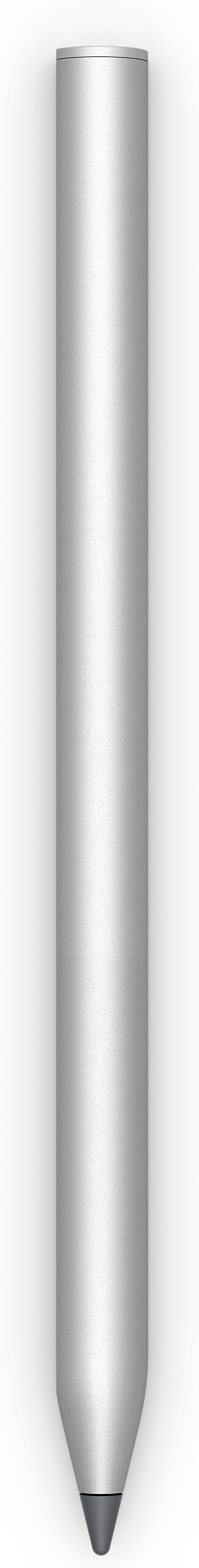 Een zilveren styluspen op een witte achtergrond.