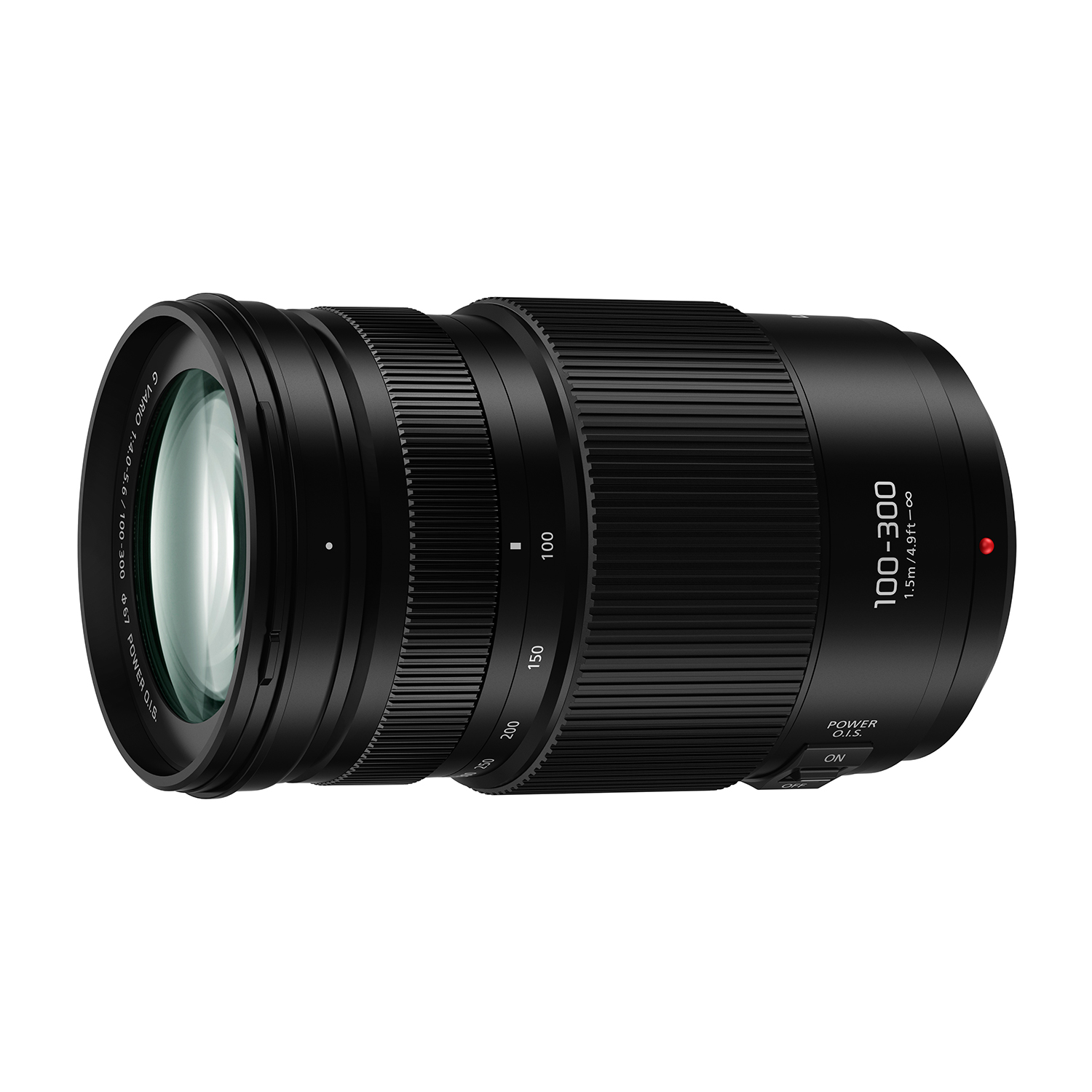 Obiettivo fotocamera nero, 100-300 mm, con pulsanti di controllo su sfondo bianco.