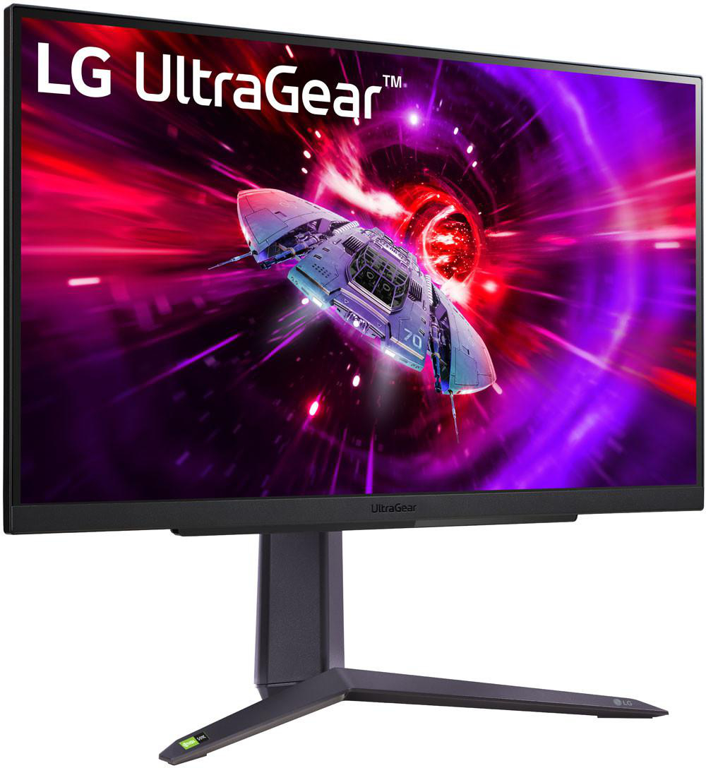 Ein Gaming-Monitor, der ein Raumschiff in einer bunten, abstrakten Weltraum-Szene zeigt.