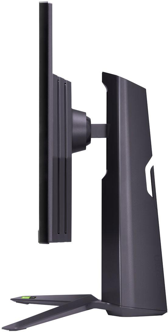 Seitenansicht eines schwarzen Monitors, Ständers und Fußes, mit einem schlanken und modernen Design.