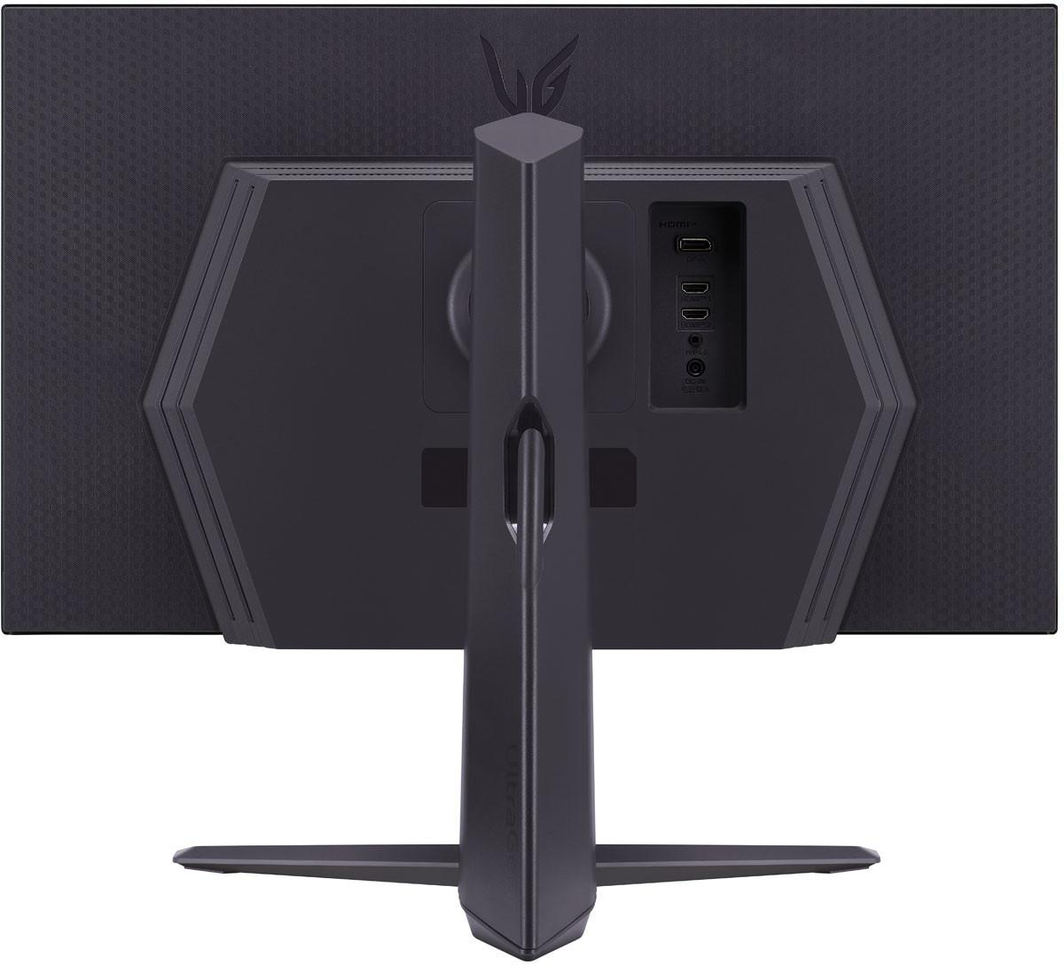 Rückseite eines schwarzen Computermonitors. Es hat Anschlüsse für HDMI, DisplayPort und Audio.