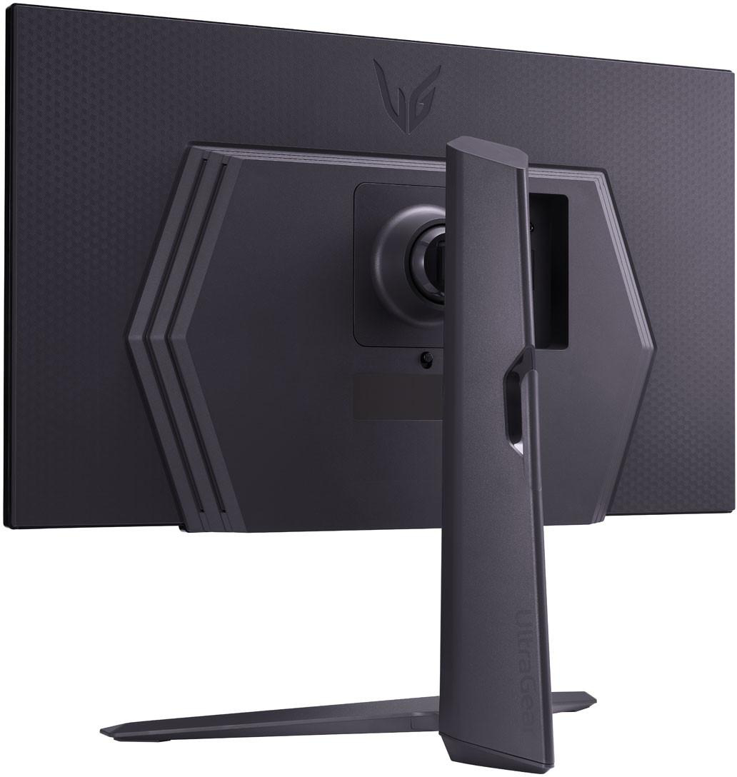 Rückseite eines dunklen Monitors mit Ständer. Oben befindet sich ein Logo.