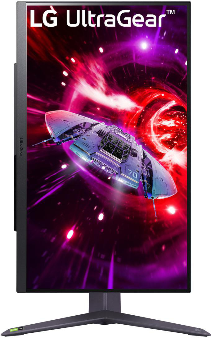 Ein LG UltraGear Monitor mit einem Raumschiffbild auf dem Bildschirm vor dunklem Hintergrund.