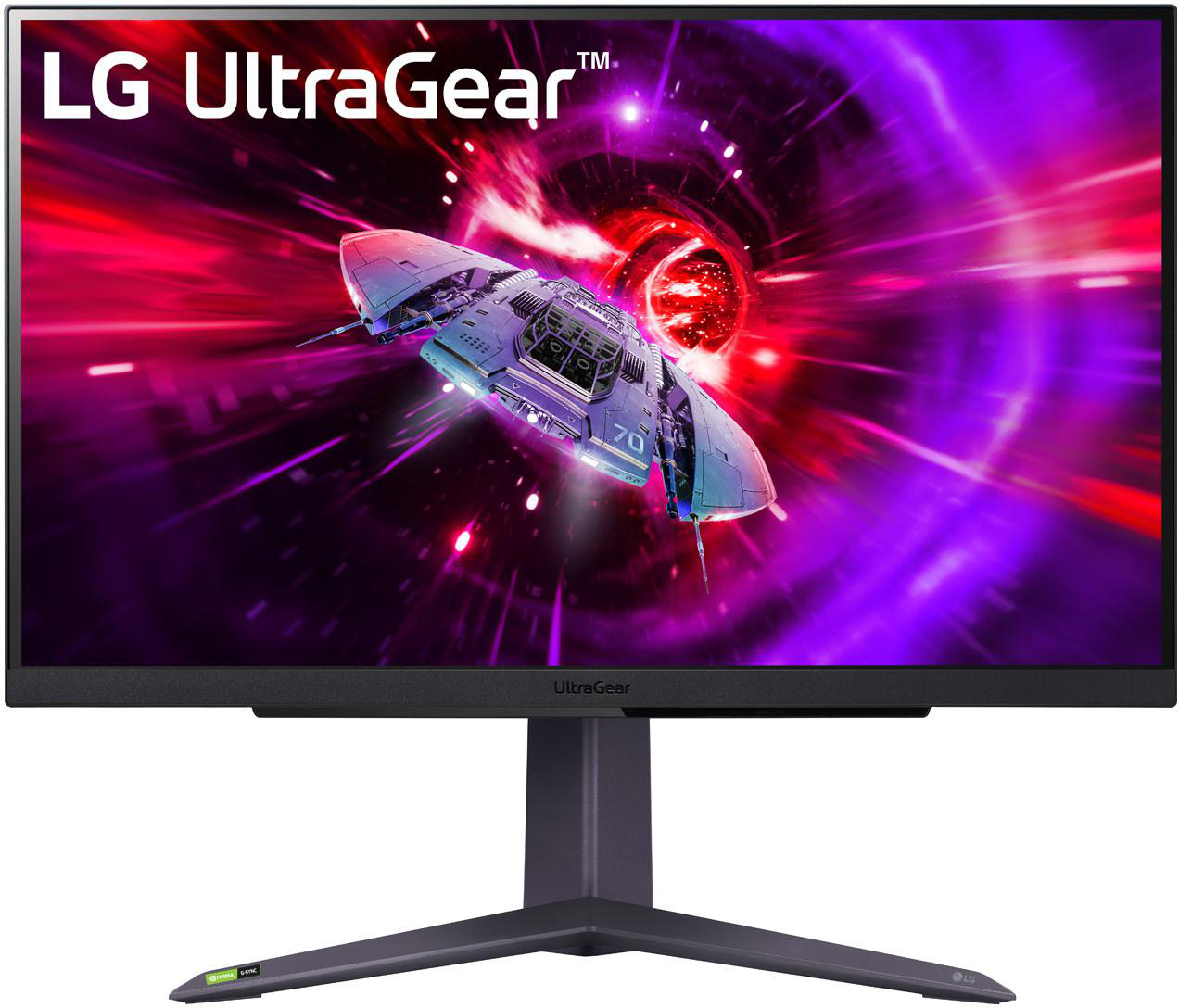 Ein schwarz-grauer LG UltraGear-Monitor zeigt ein Raumschiff, das durch einen farbenfrohen Tunnel fliegt.