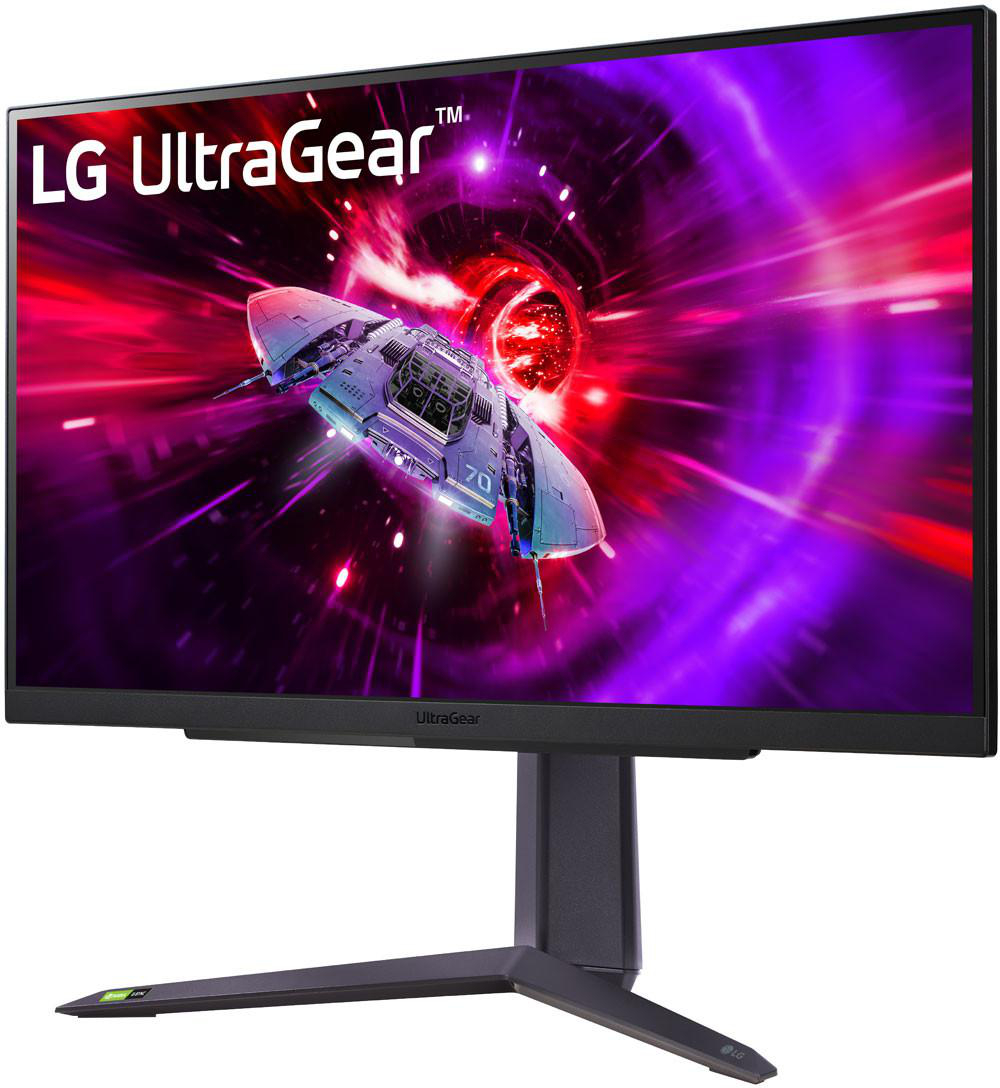 LG UltraGear Monitor, der eine futuristische Spielszene mit einem Raumschiff anzeigt.