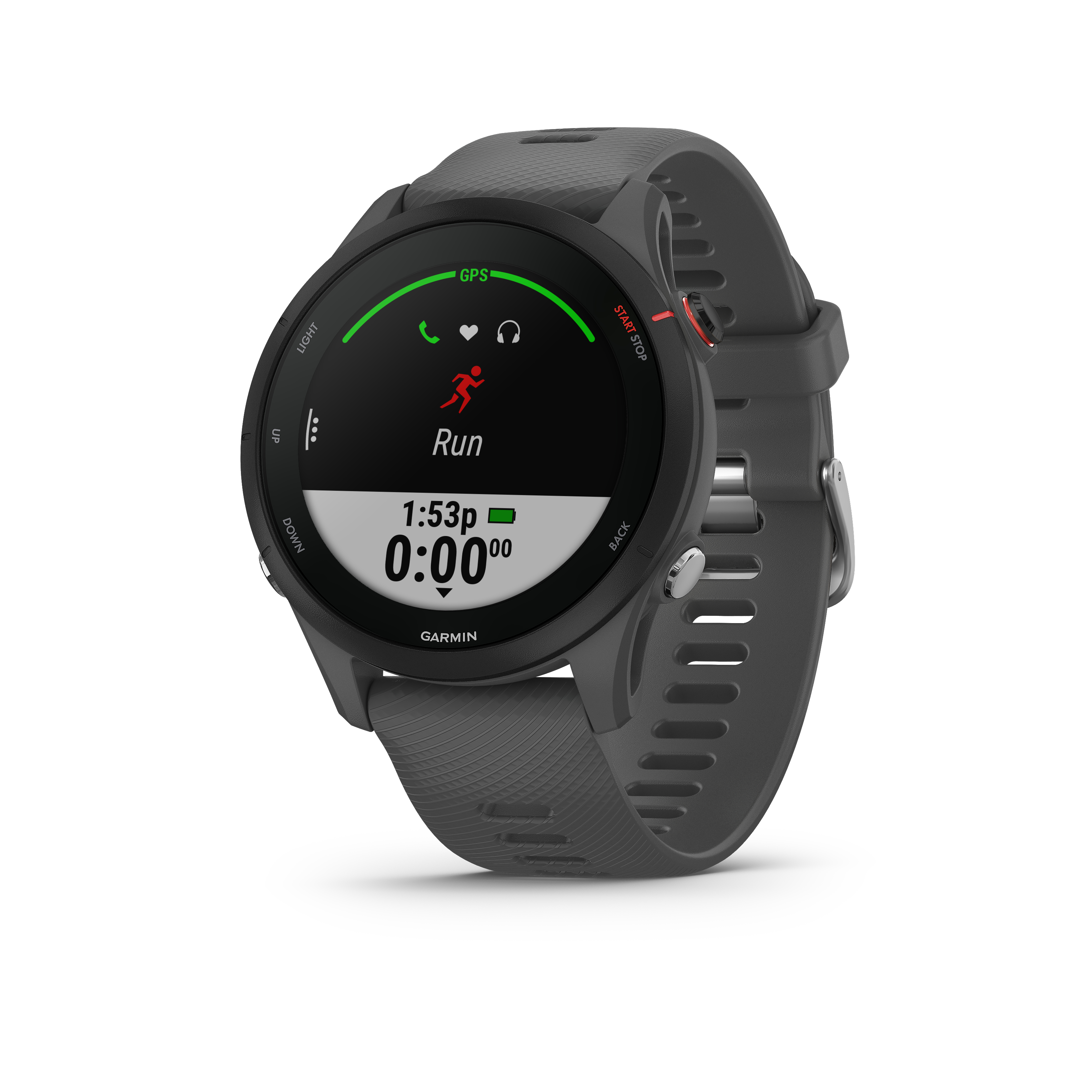 Schwarze Garmin-Uhr mit schwarzem Bildschirm mit Laufmetriken, mit grauem Armband.