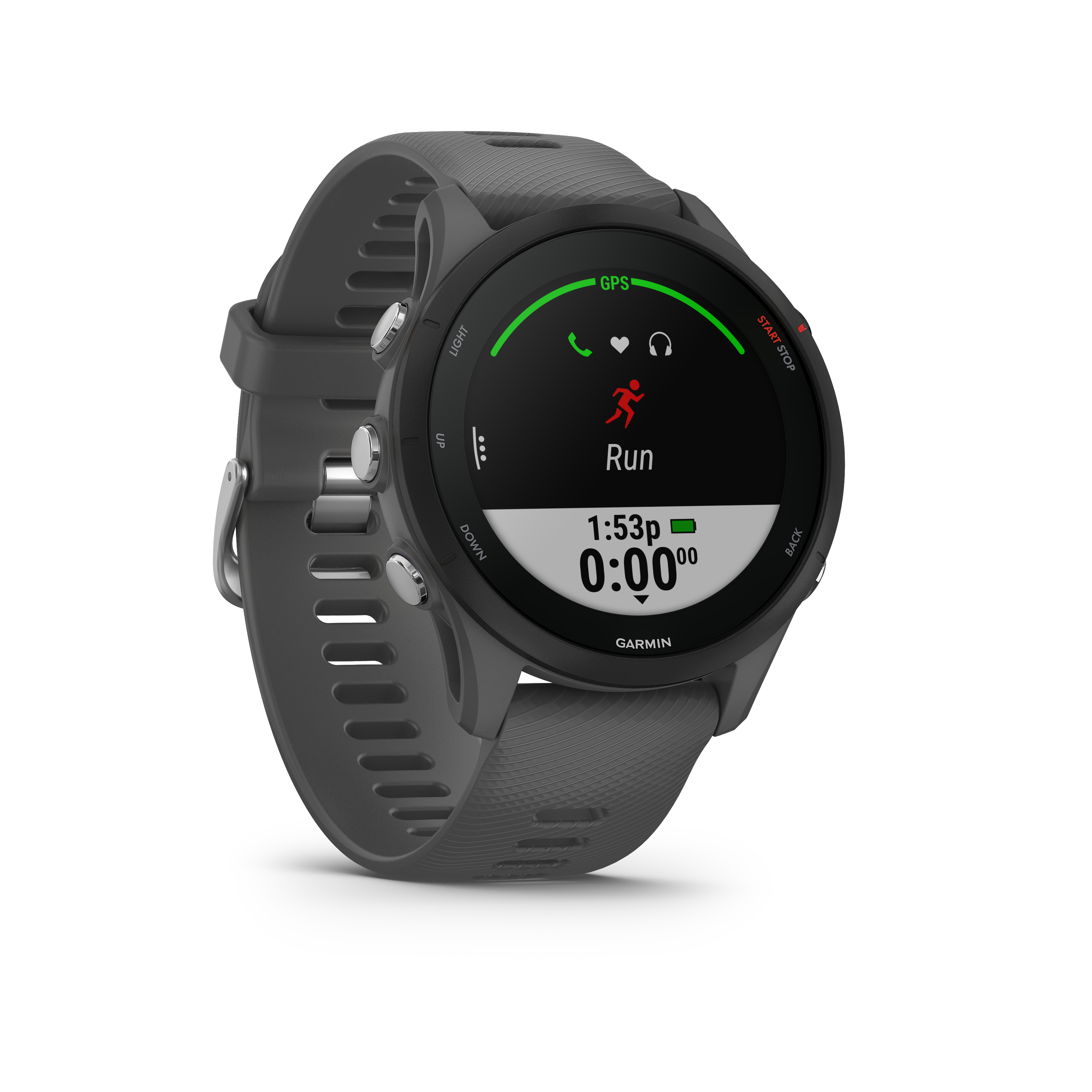 Graue Smartwatch mit schwarzem Bildschirm, der Laufdaten anzeigt. Graues Armband.