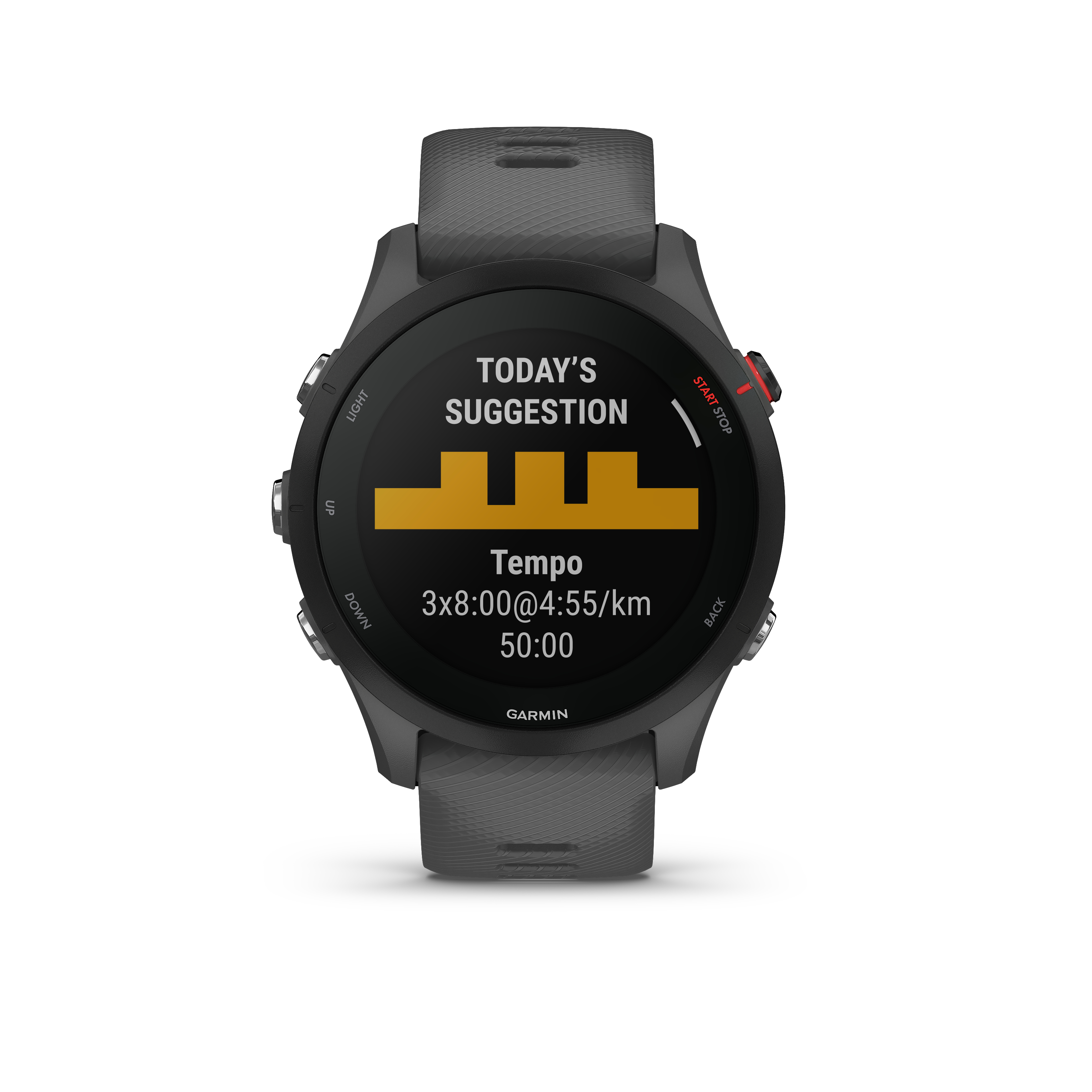 Garmin-Zifferblatt mit Trainingsdaten: Tempo, Zeit und Distanz.