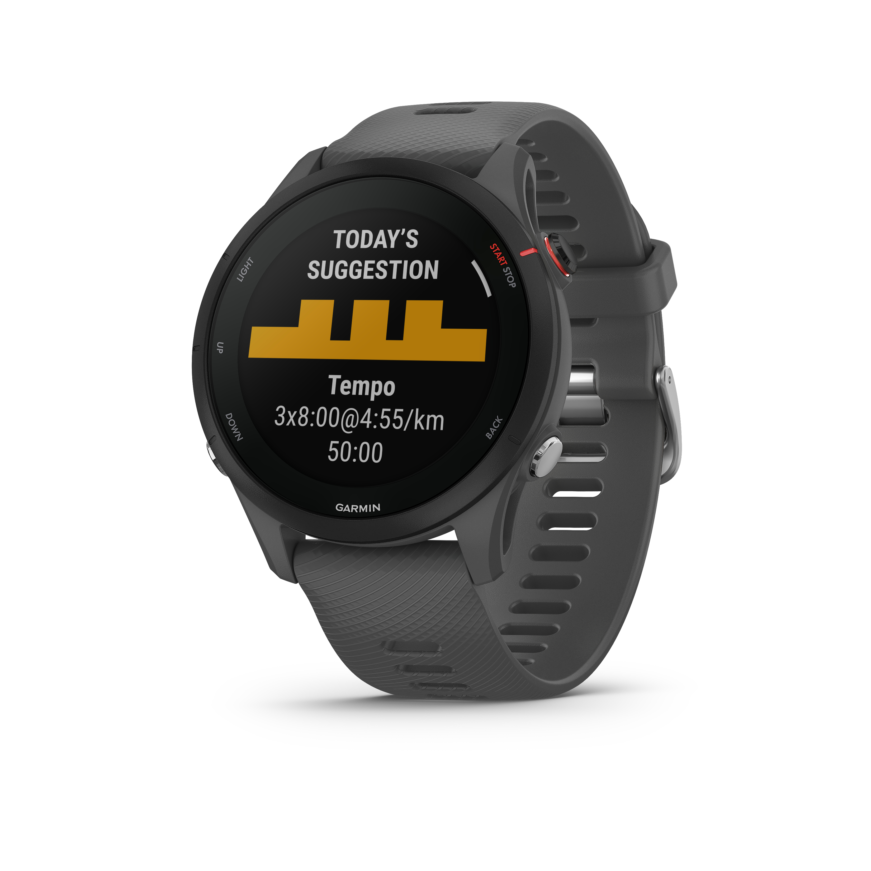 Schwarze Garmin Smartwatch, die Trainingsmetriken anzeigt. Die Uhr zeigt Zeit, Tempo und Trainingsvorschläge.
