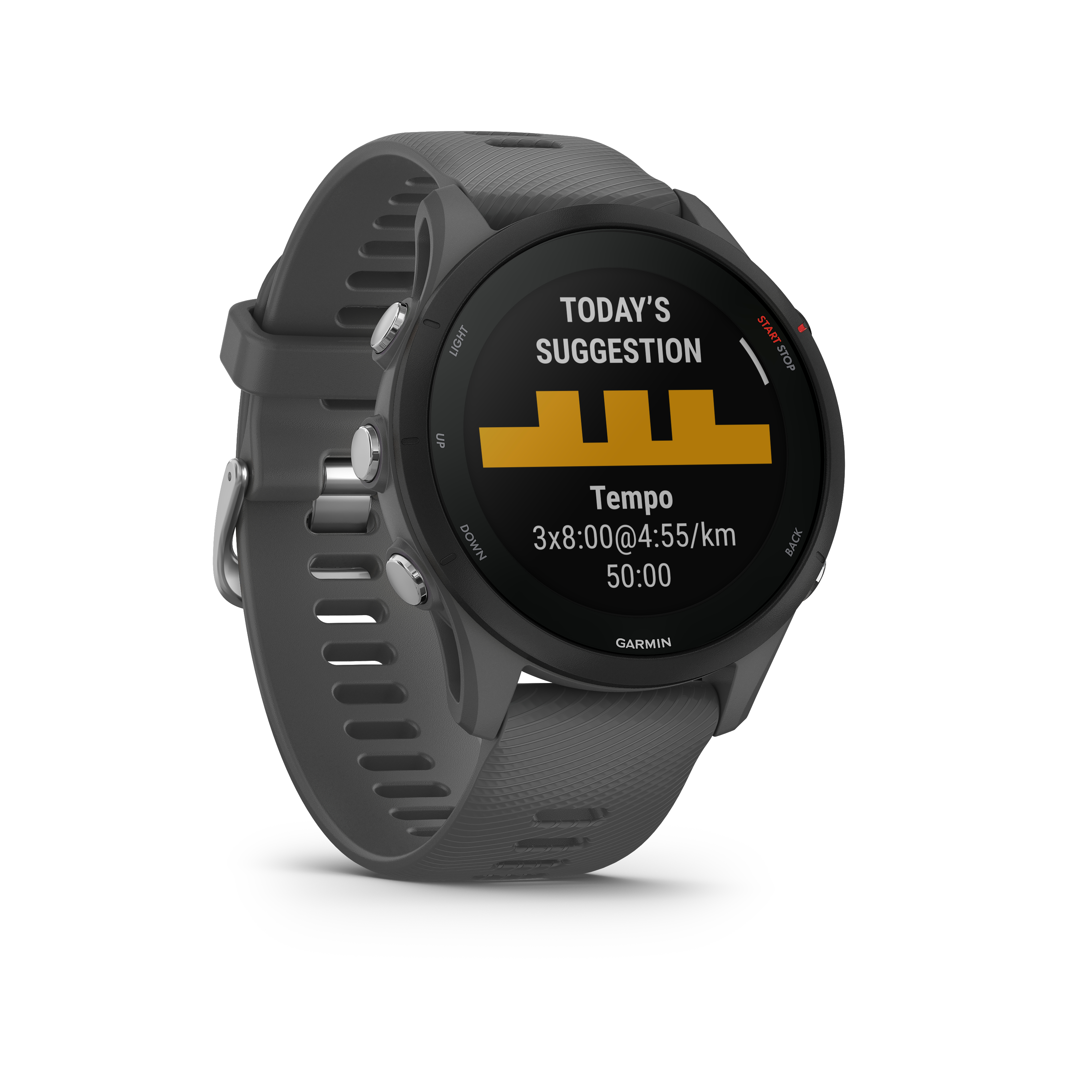 Graue Garmin-Uhr mit Trainingsdaten, schwarzem Display und grauem Armband.