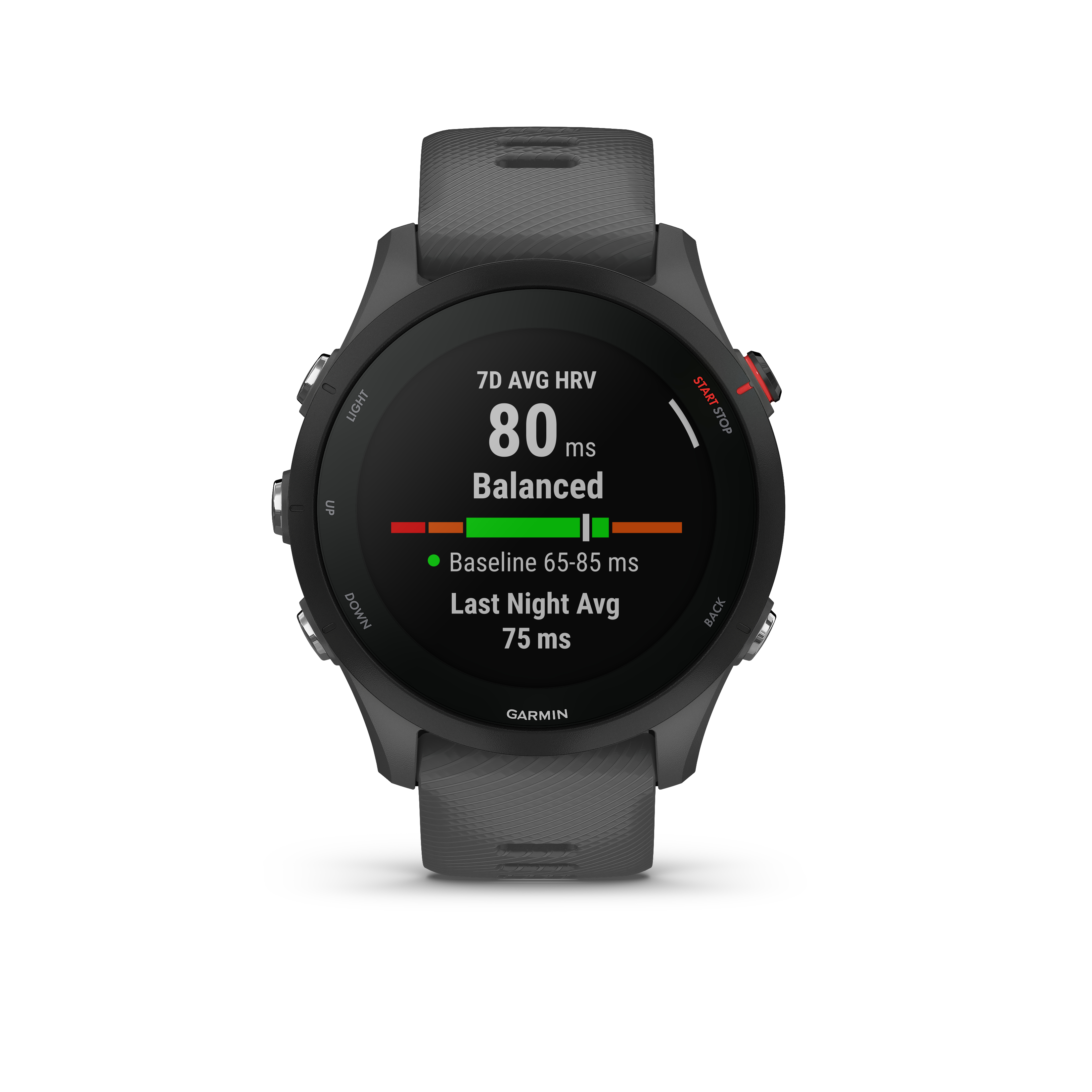 Garmin-Uhr mit Herzfrequenz, Zeit und anderen Messwerten. Schwarz-graues Design.
