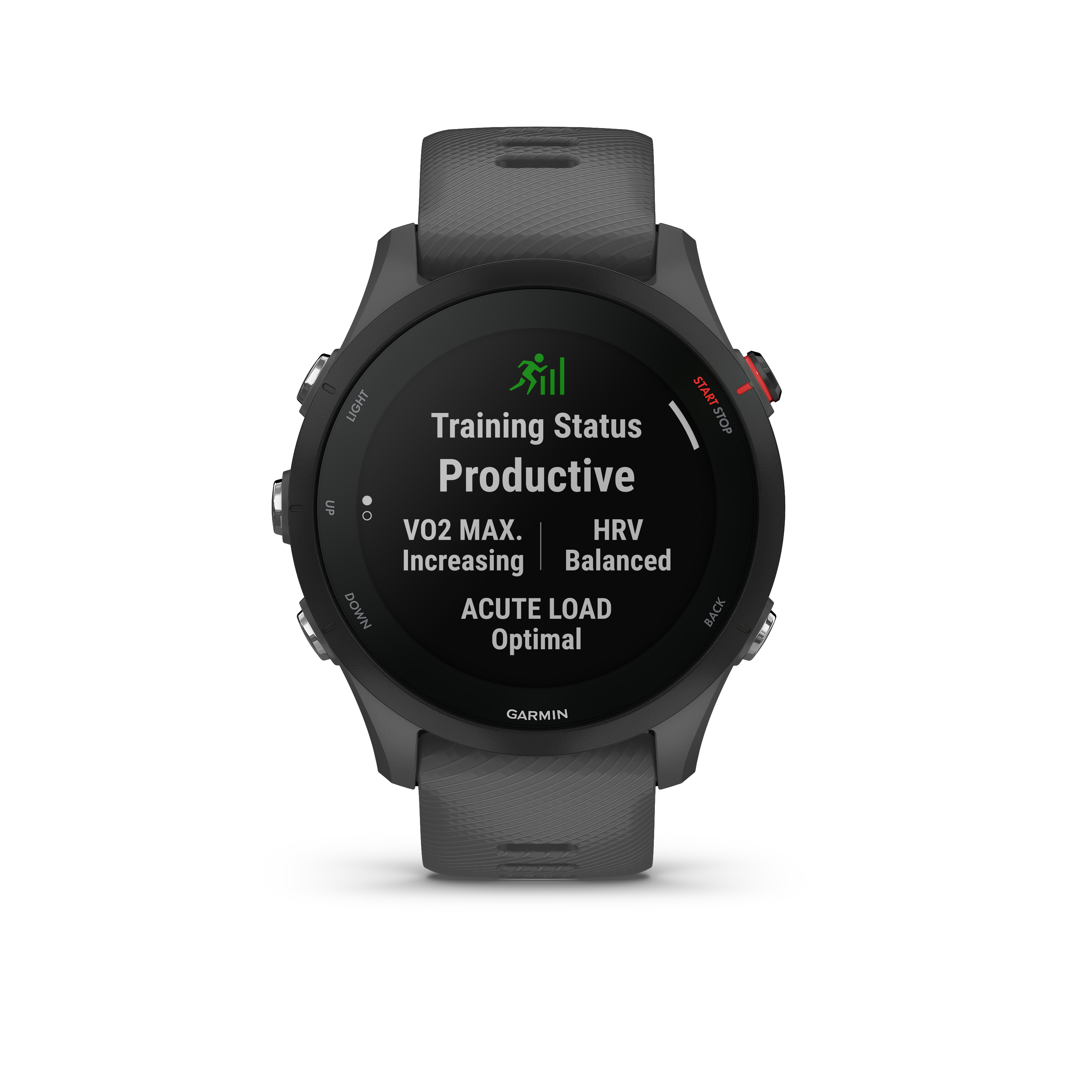 Eine graue Smartwatch zeigt den Trainingsstatus: Produktiv. VO2 Max steigt, HRV ist ausgeglichen und Acute Load ist optimal.