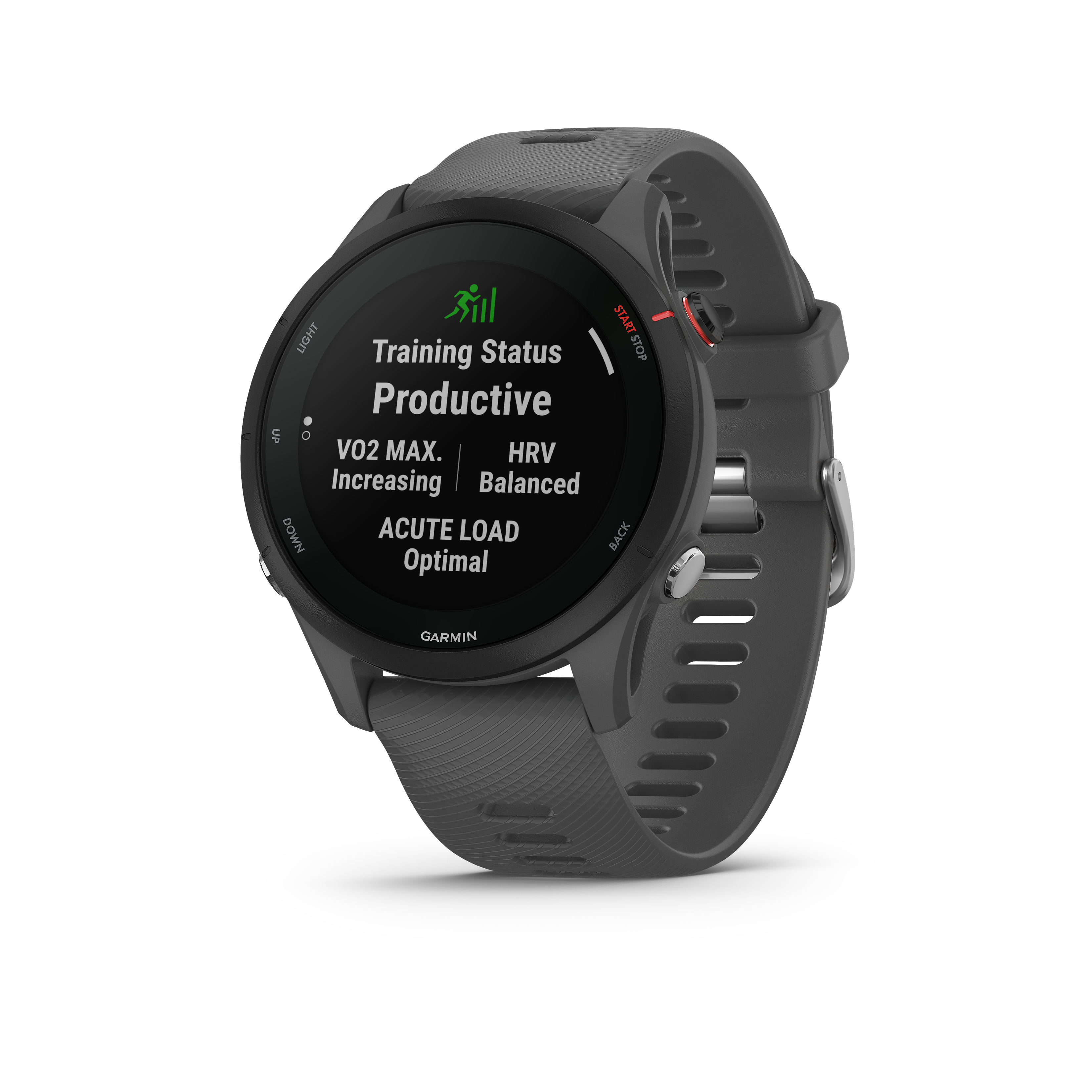 Eine dunkelgraue Garmin Smartwatch mit Trainingsstatus auf dem Bildschirm.