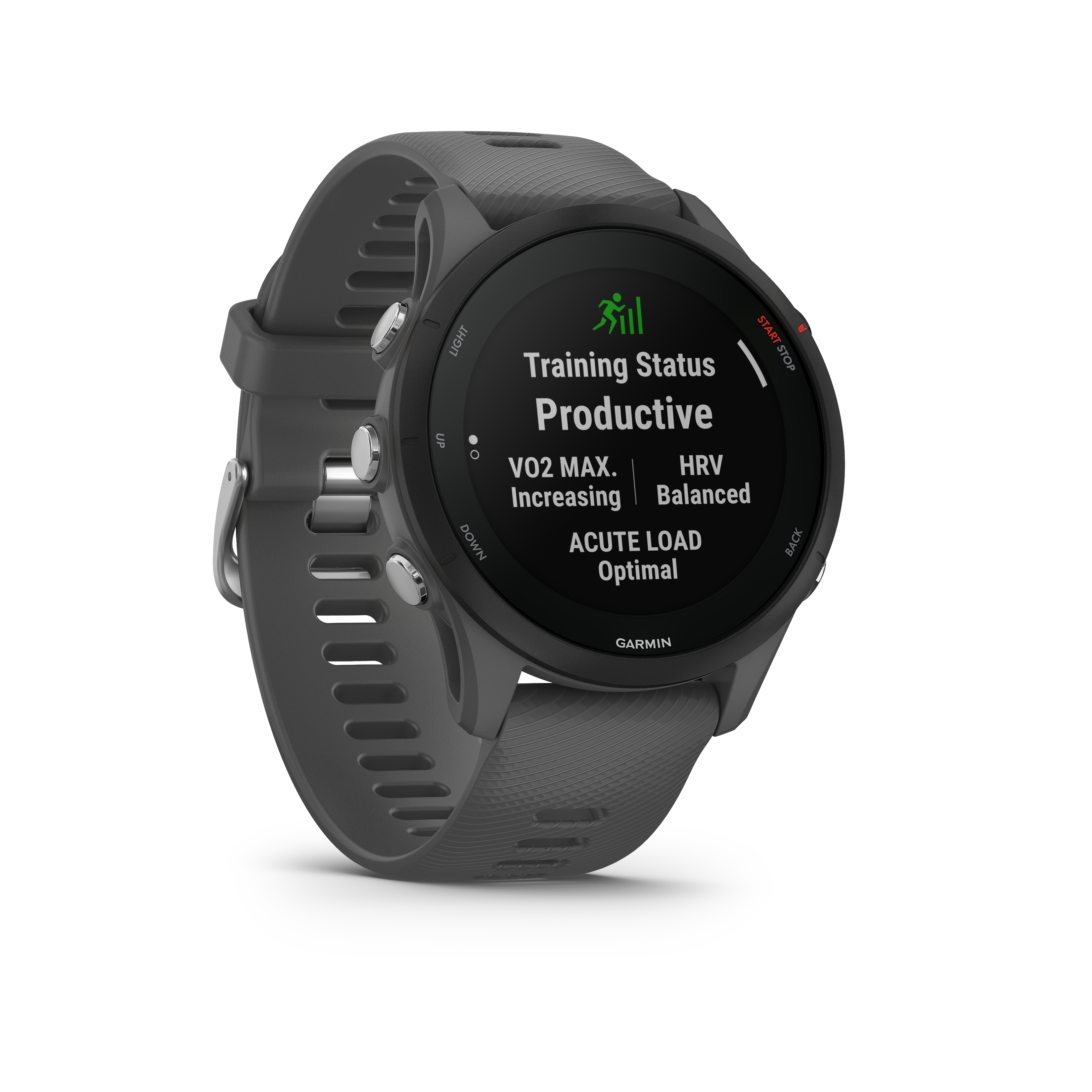 Eine graue Garmin Smartwatch. Der Bildschirm zeigt Trainingsstatus, VO2 max und akute Belastung an.