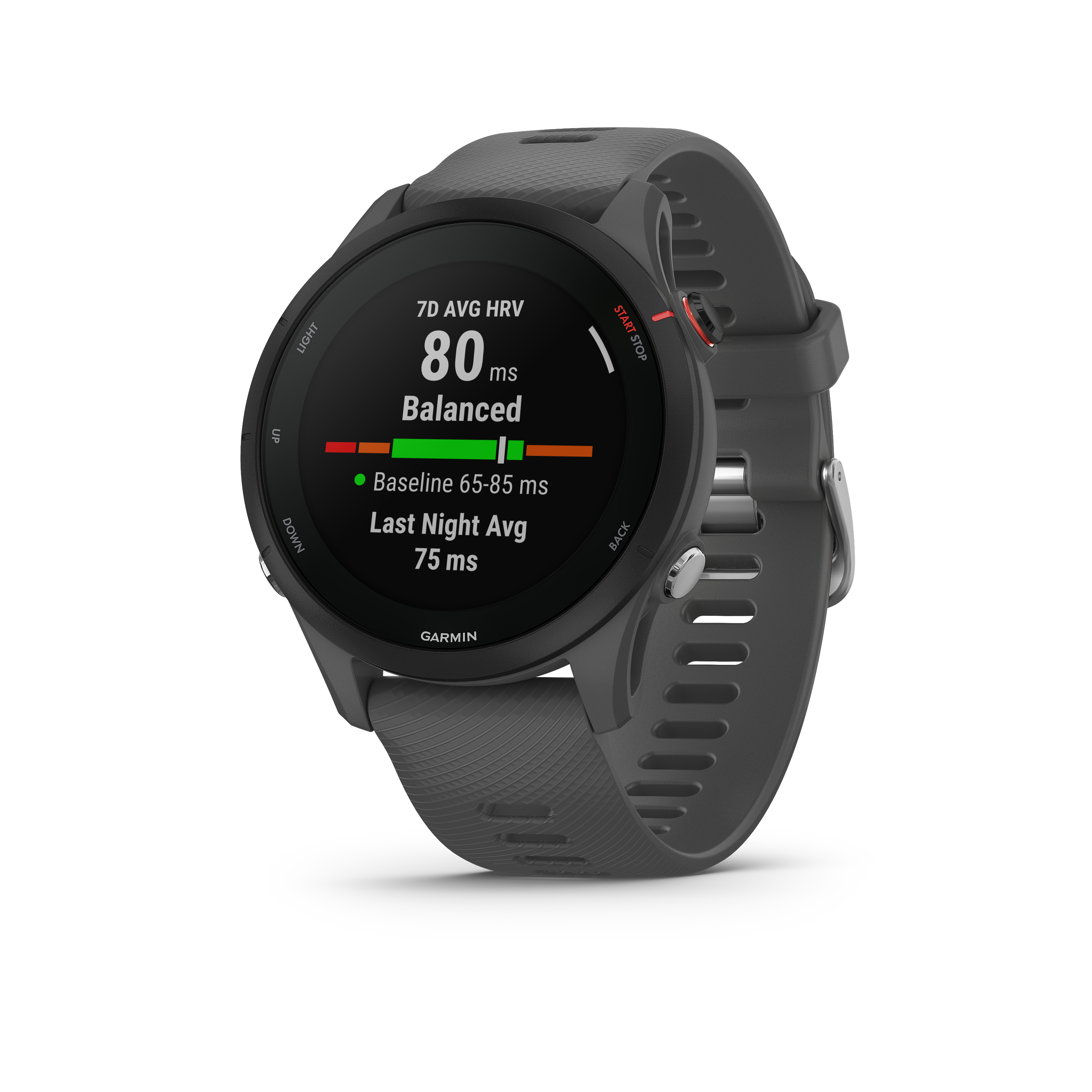 Eine Garmin-Smartwatch, die Gesundheitsmetriken anzeigt, einschließlich Herzfrequenzvariabilität.