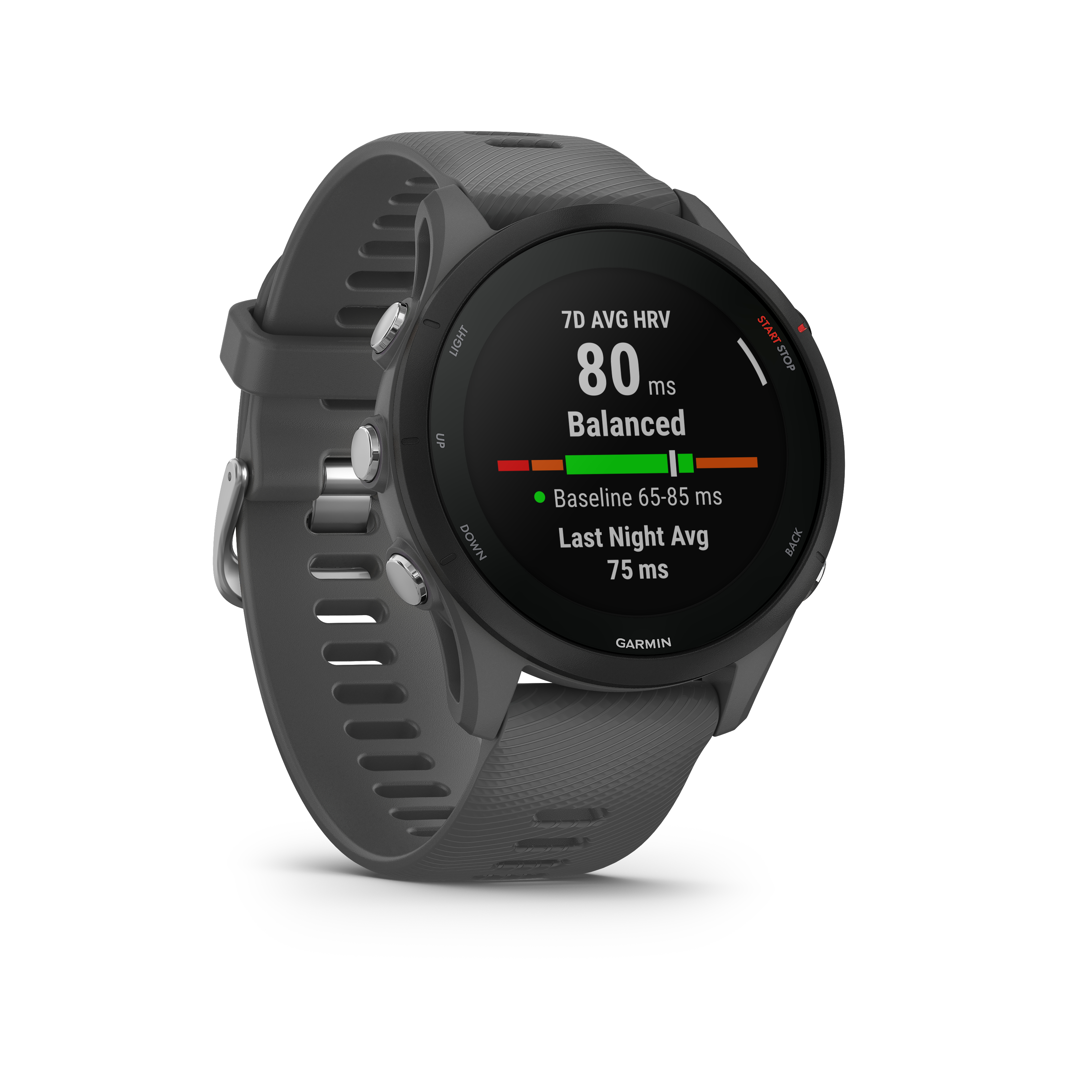 Graue Smartwatch mit schwarzem Bildschirm. Zeigt Zeit und Gesundheitsdaten.