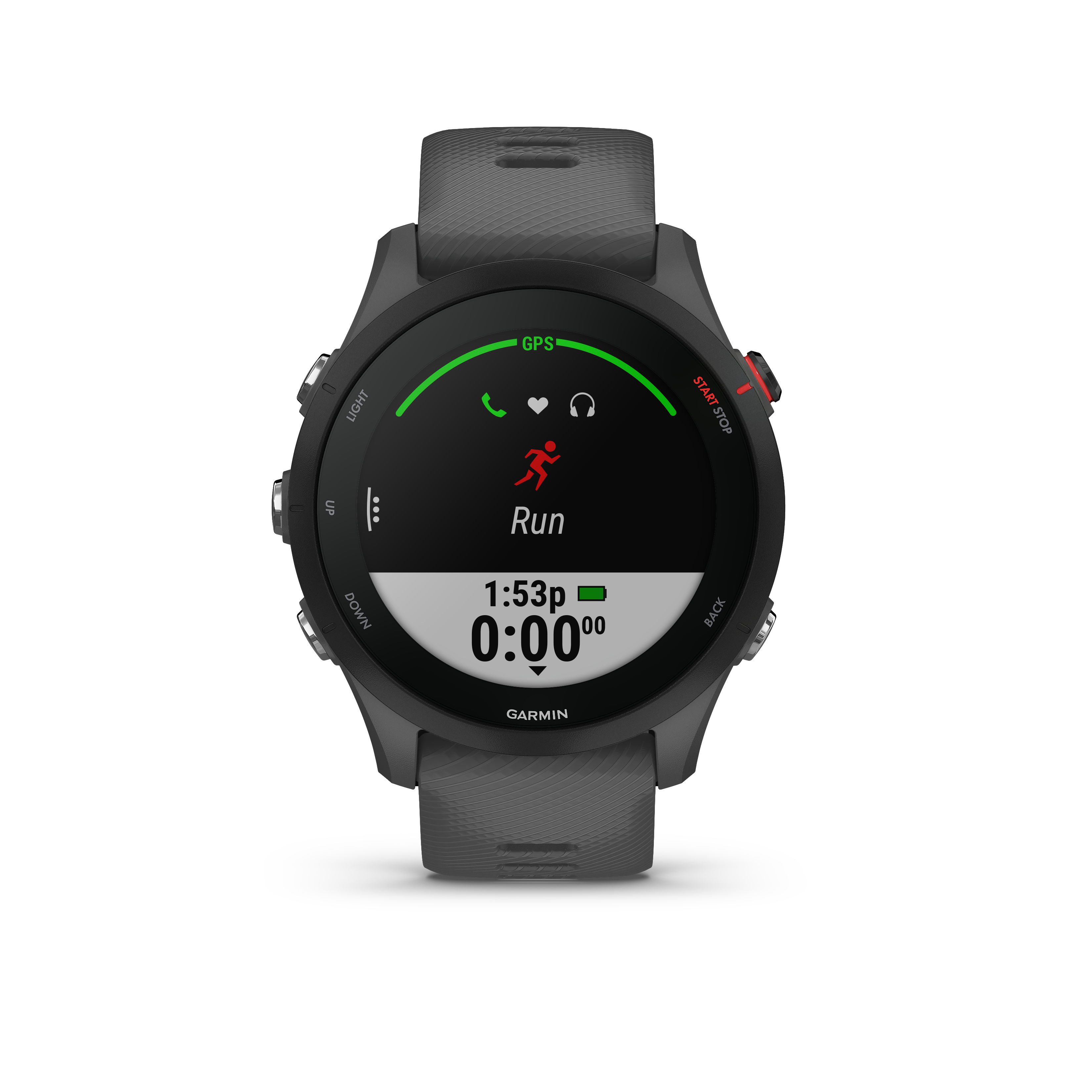 Garmin Smartwatch mit Lauf-Interface, Zeit- und Distanzdaten.