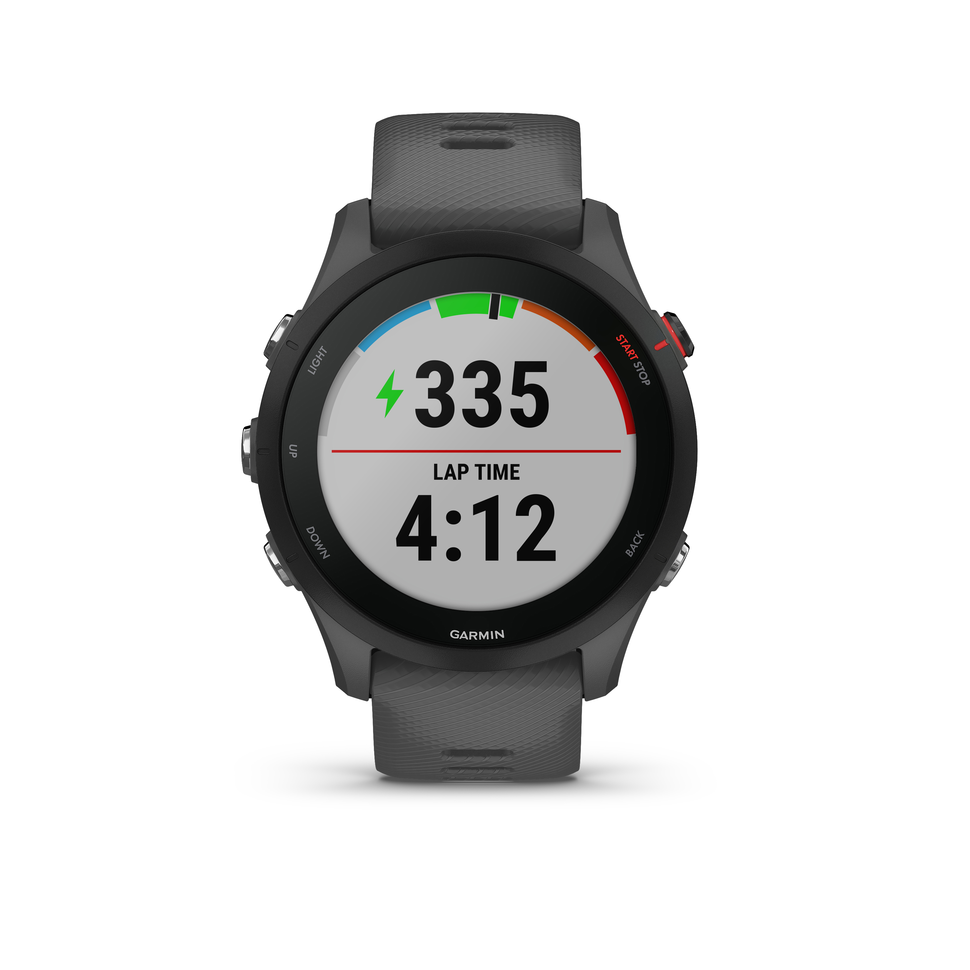 Garmin Smartwatch, zeigt Zeit, Rundenzeit und Herzfrequenz an. Schwarze Uhr mit farbigem Display.