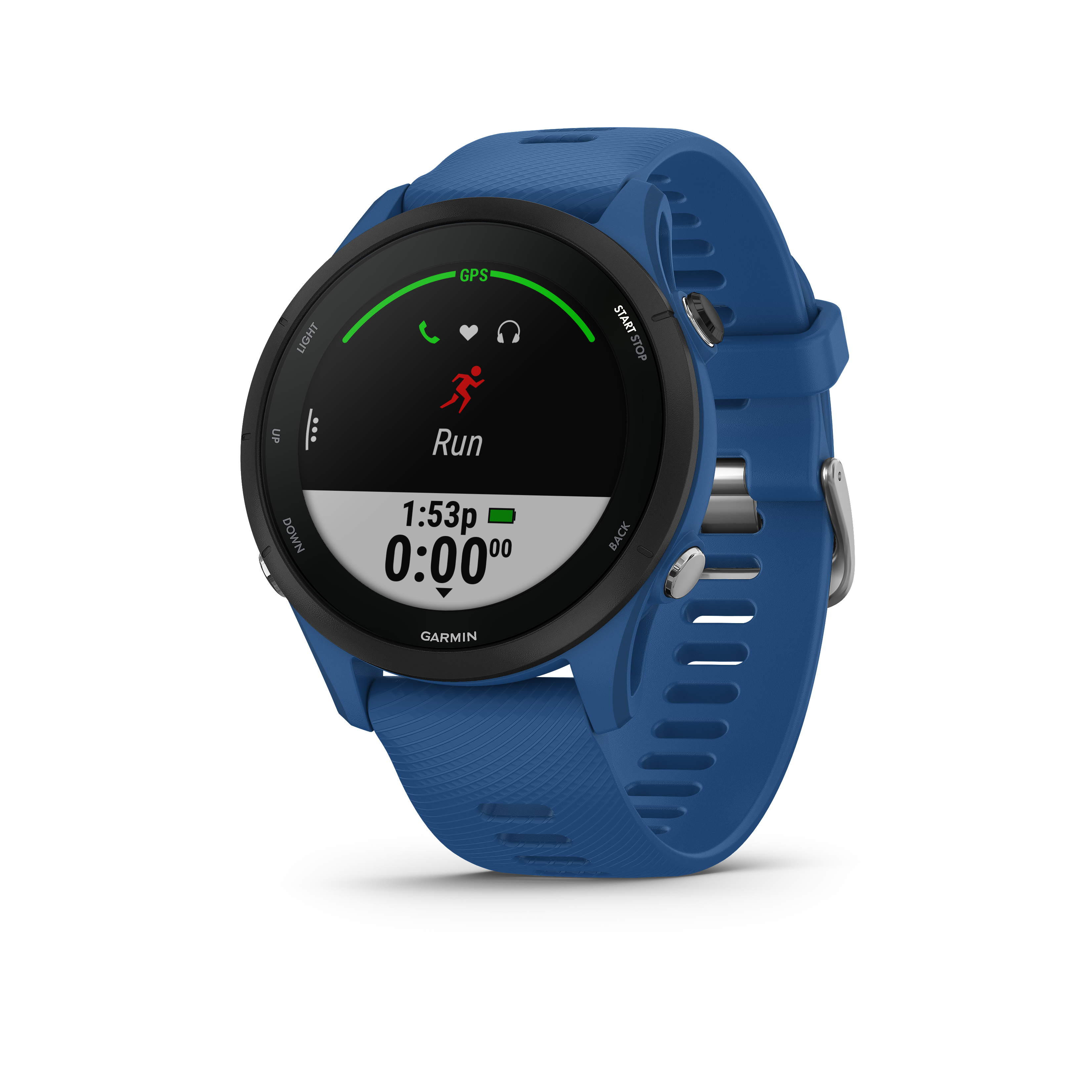 Blaue Garmin Smartwatch mit Lauf-Oberfläche, Anzeige von Zeit und Statistiken.