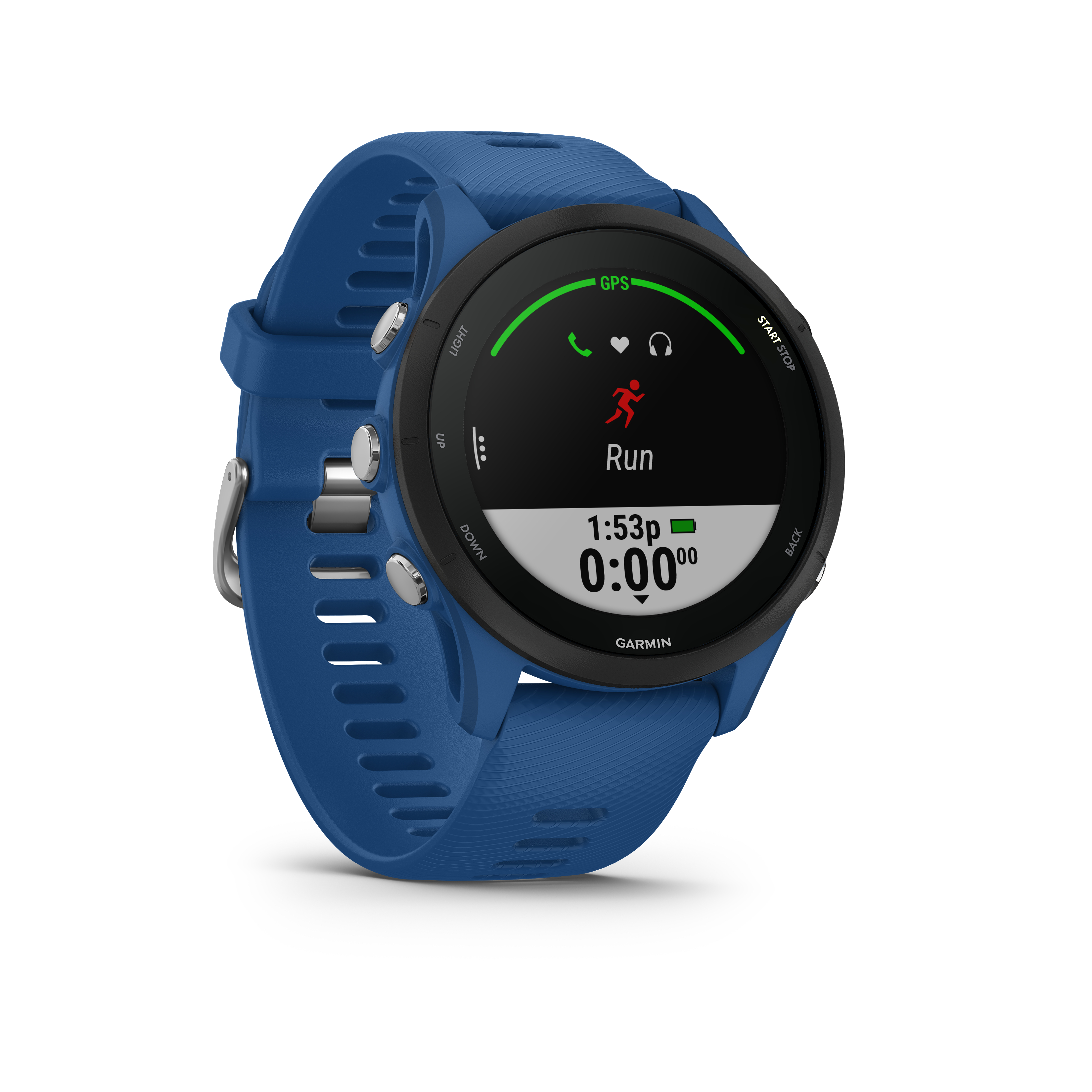 Eine blaue Garmin-Smartwatch, die eine Laufschnittstelle auf dem Bildschirm anzeigt.