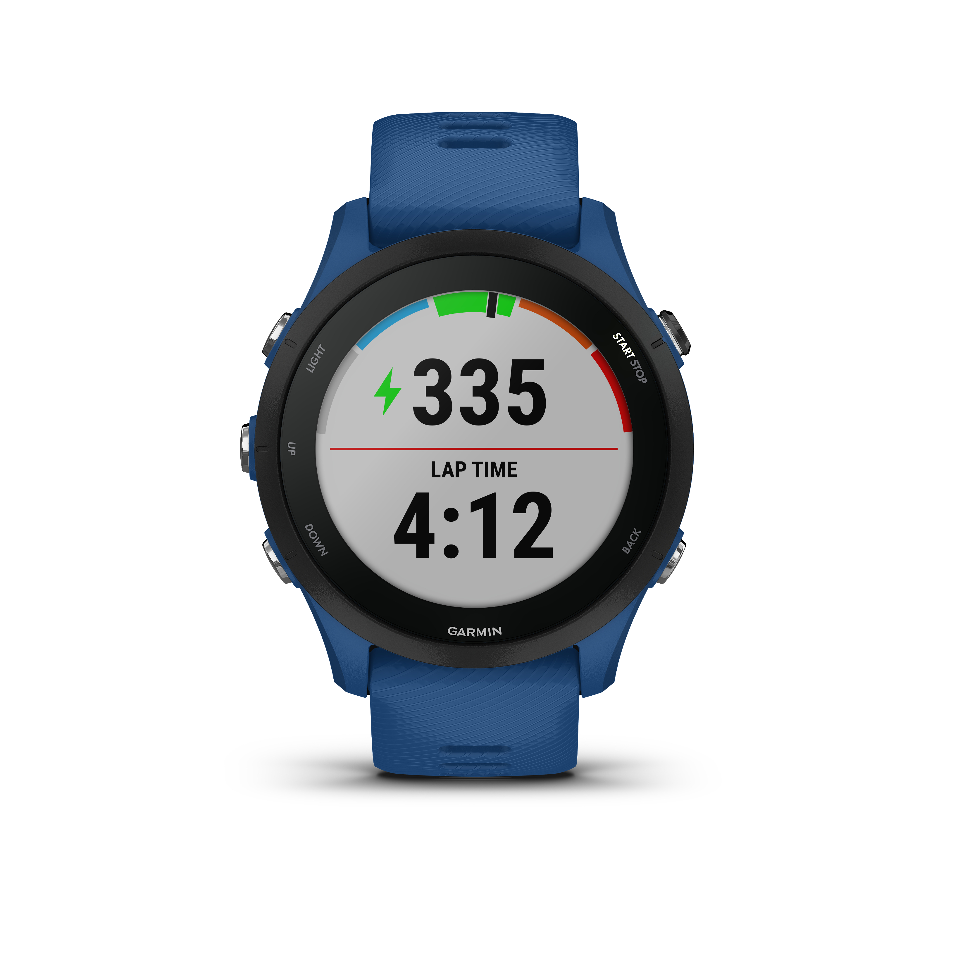 Blaue Garmin-Uhr mit schwarzer Lünette. Der Bildschirm zeigt die Rundenzeit an.