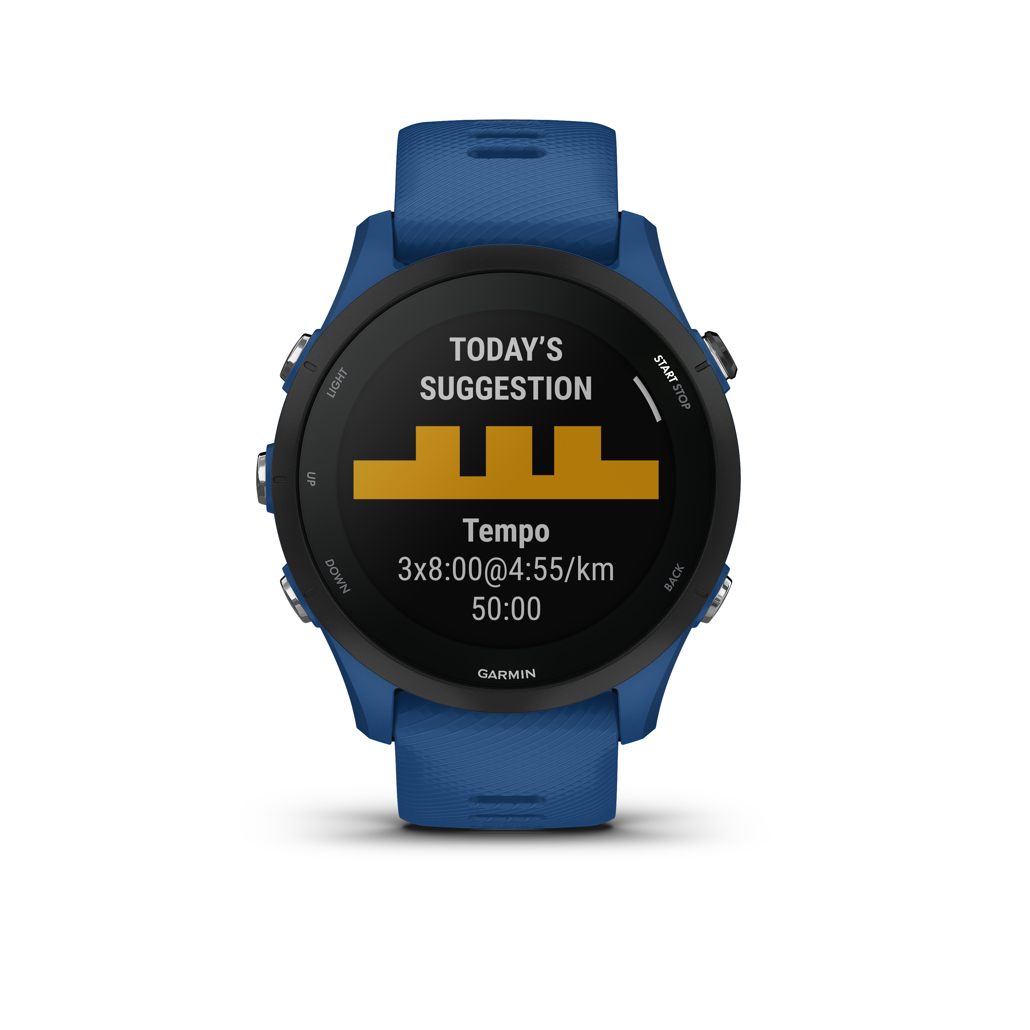 Blaue Garmin-Uhr mit Trainingsempfehlungen und Zeit. Gelbe grafische Anzeige.