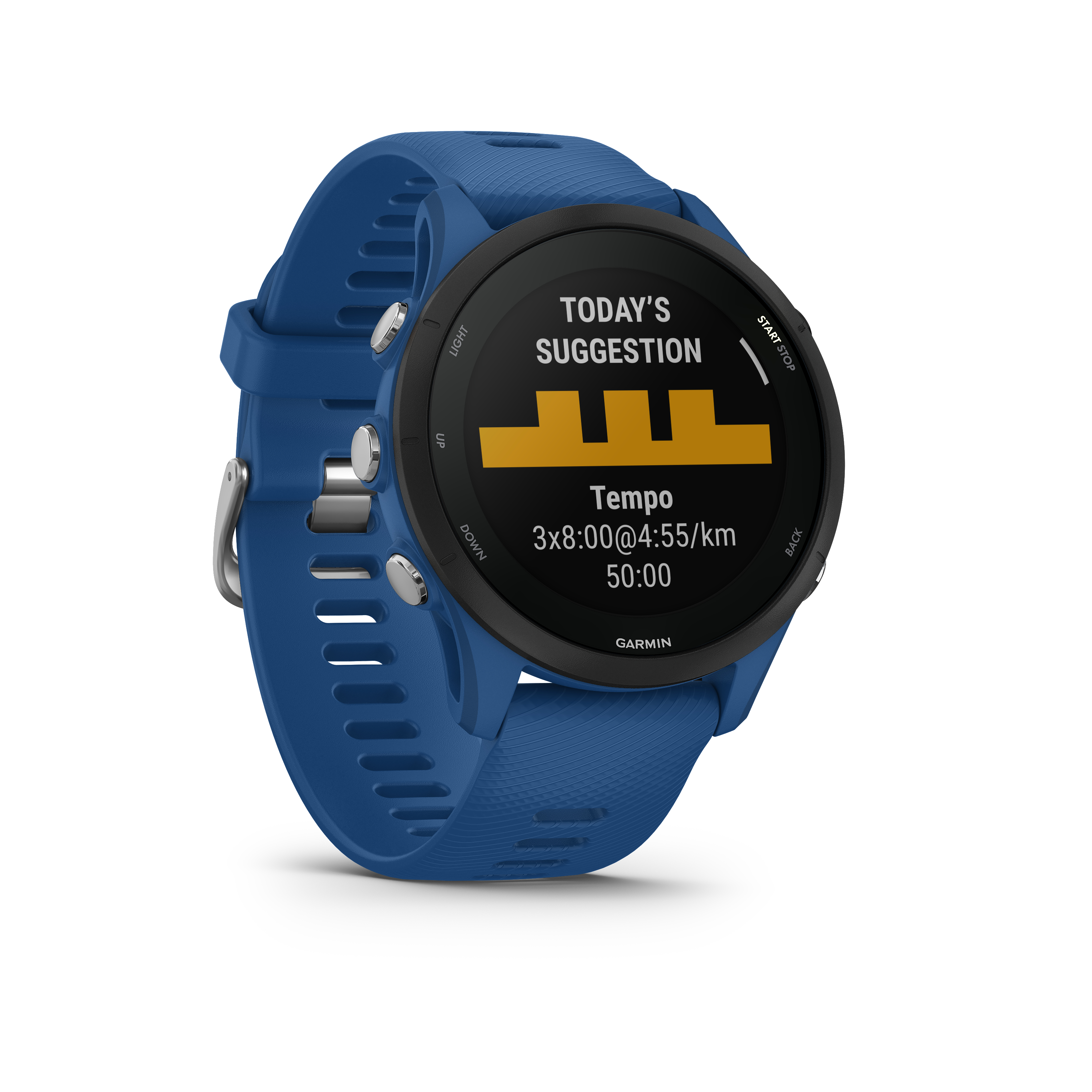 Blaue Smartwatch mit schwarzem Bildschirm, der Tempo und Zeit anzeigt, auf weißem Hintergrund.