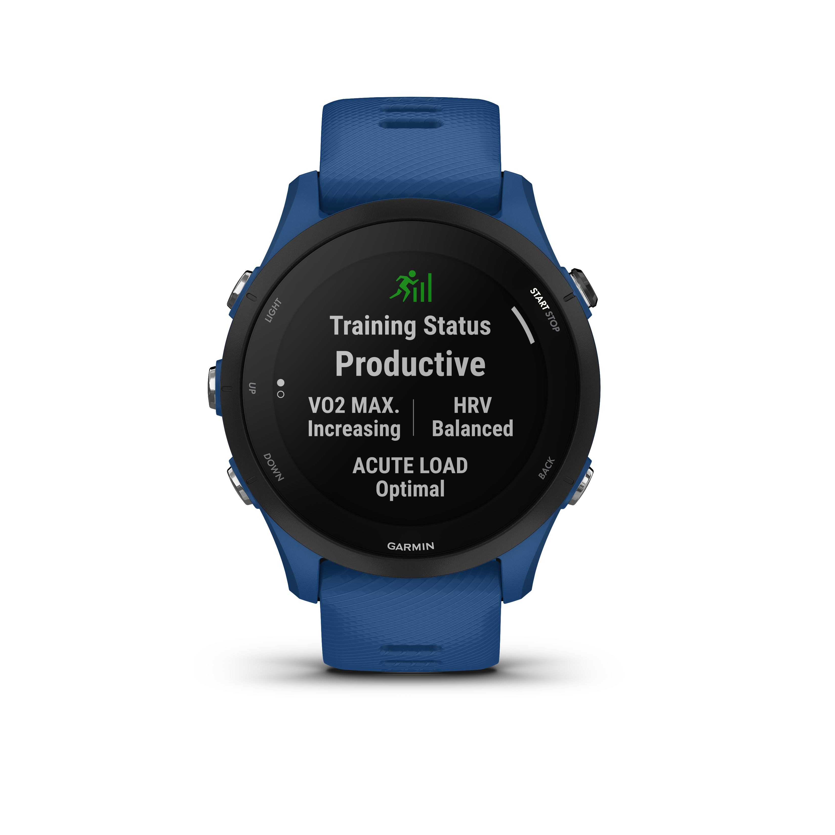 Blaue Garmin Smartwatch, die den Trainingsstatus anzeigt: Produktiv, VO2 Max und HRV.