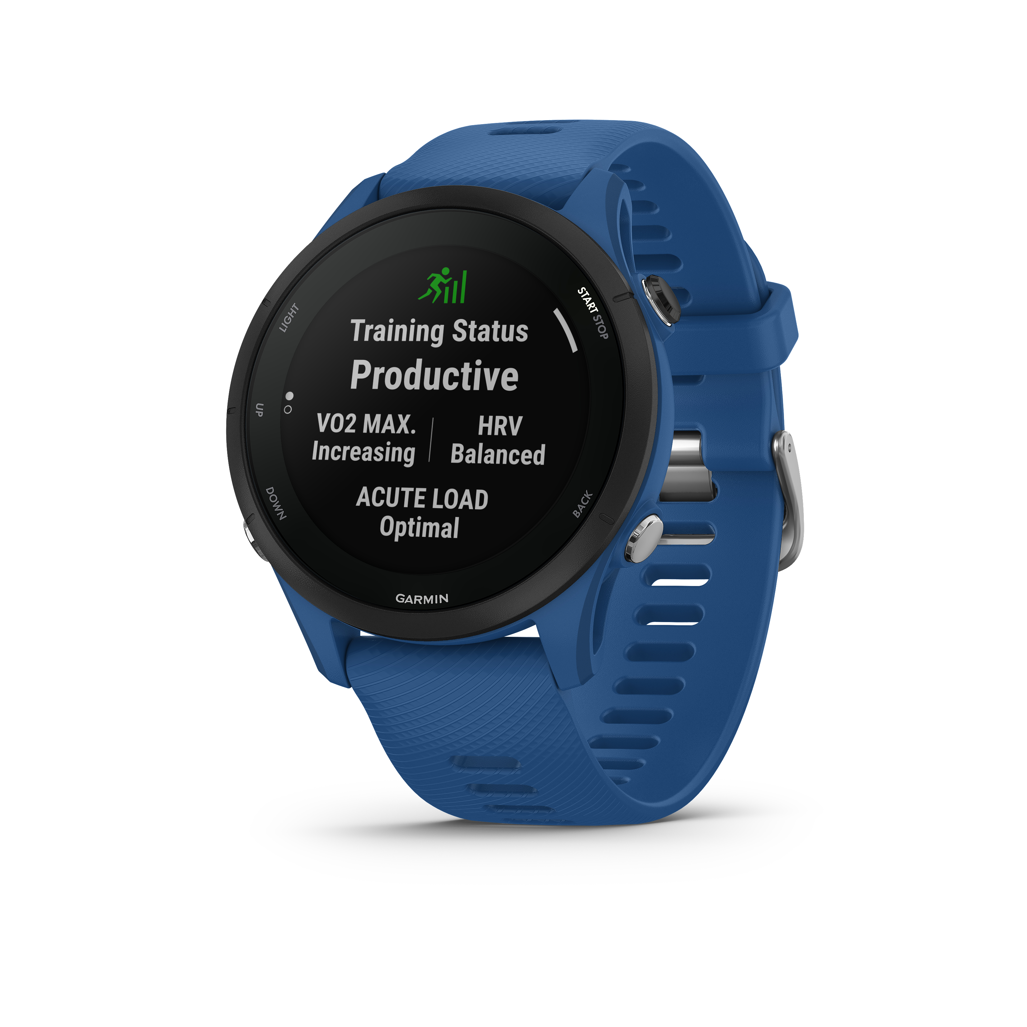 Blaue Garmin Smartwatch, die Trainingsstatus und Metriken anzeigt, weißer Hintergrund.