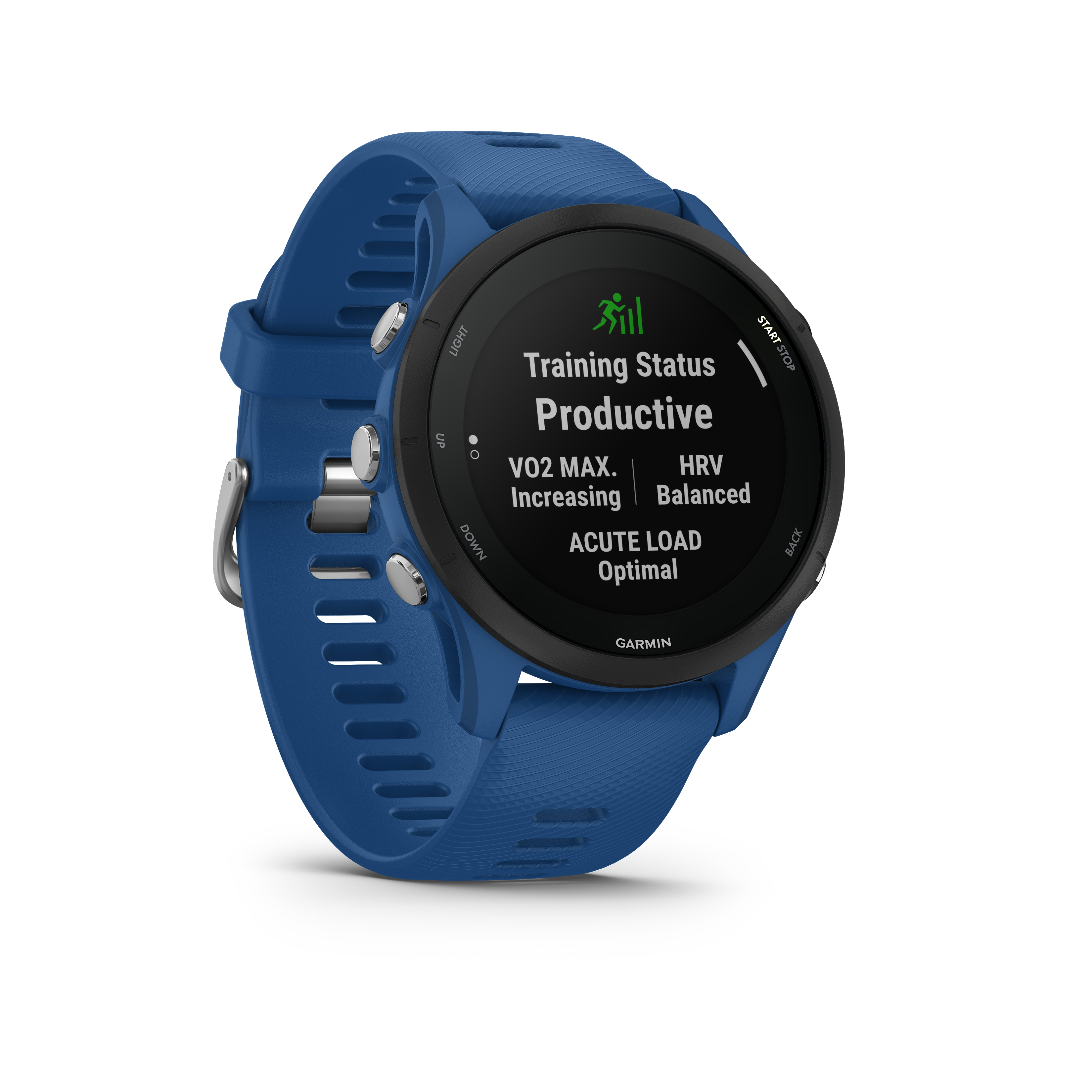 Blaue Garmin Smartwatch, die Fitnessdaten anzeigt, einschließlich Trainingsstatus und Herzfrequenz.
