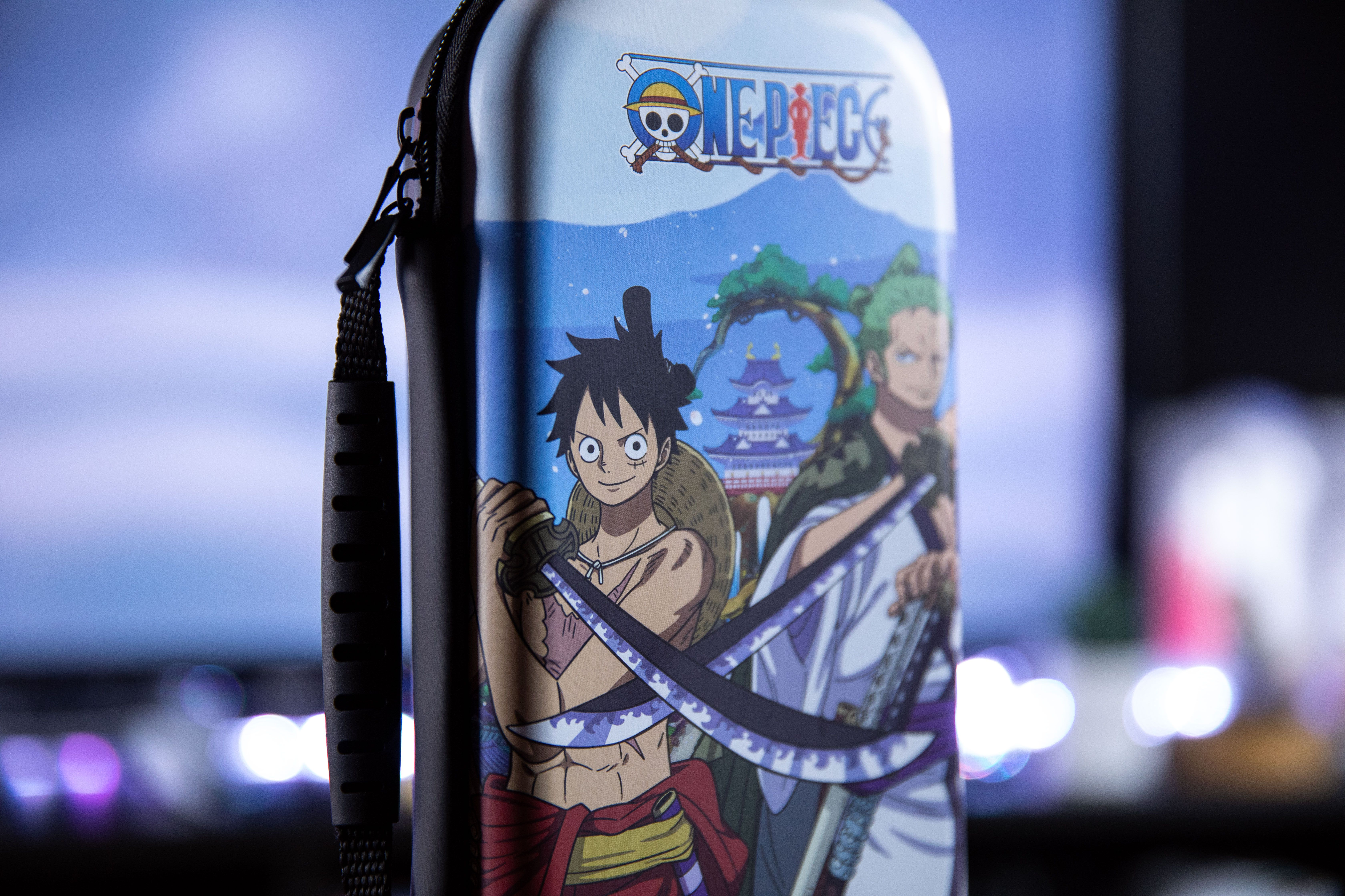 Eine One Piece-Hülle mit Luffy- und Zoro-Charakteren und einem Griff.