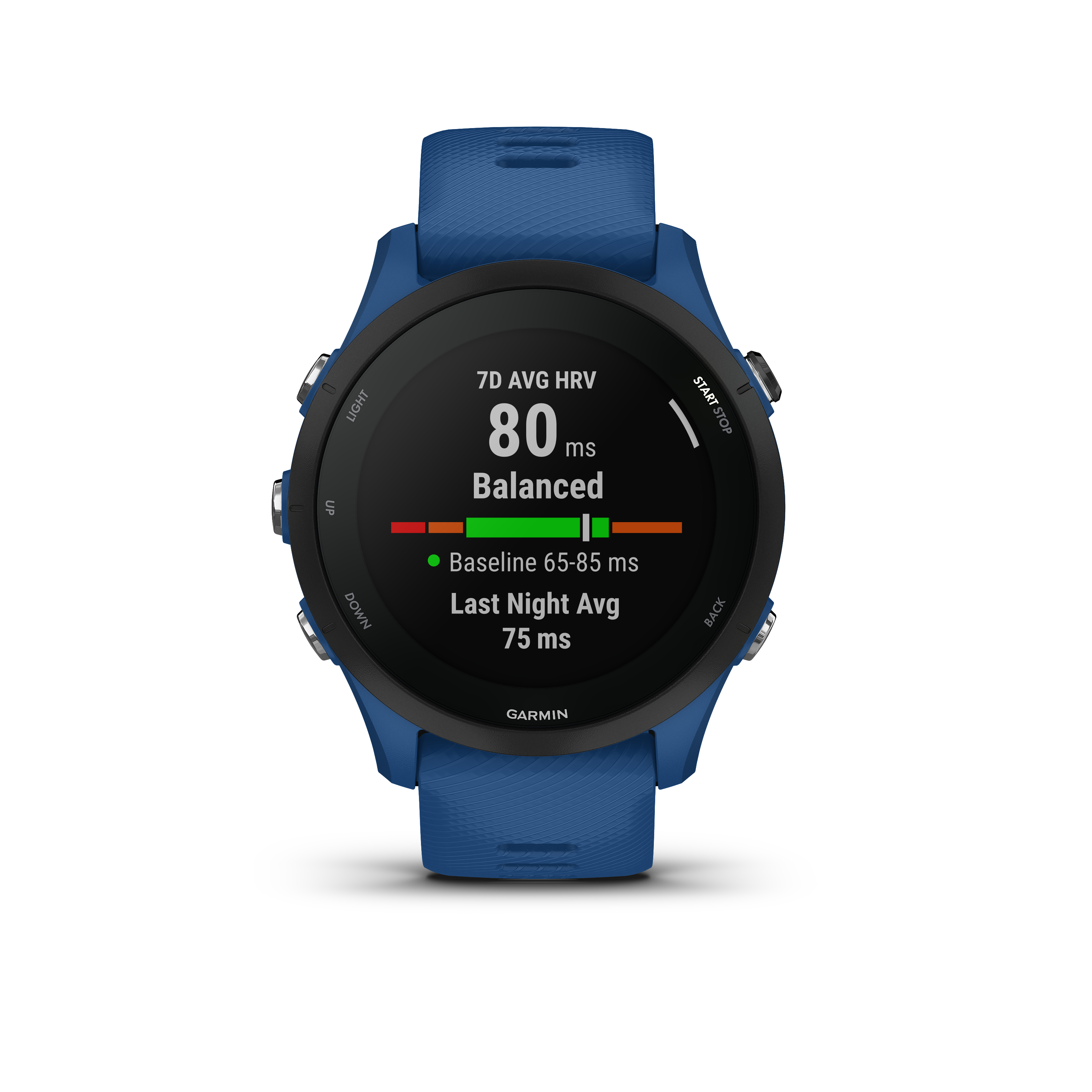 Eine blaue Smartwatch, die Gesundheitsdaten anzeigt, mit schwarzem Bildschirm.