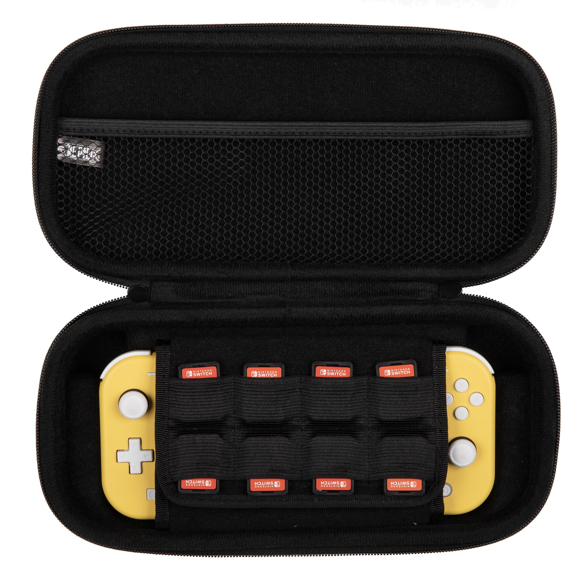Geöffnete schwarze Hülle mit einer gelben Nintendo Switch Lite und Spielkartenfächern.