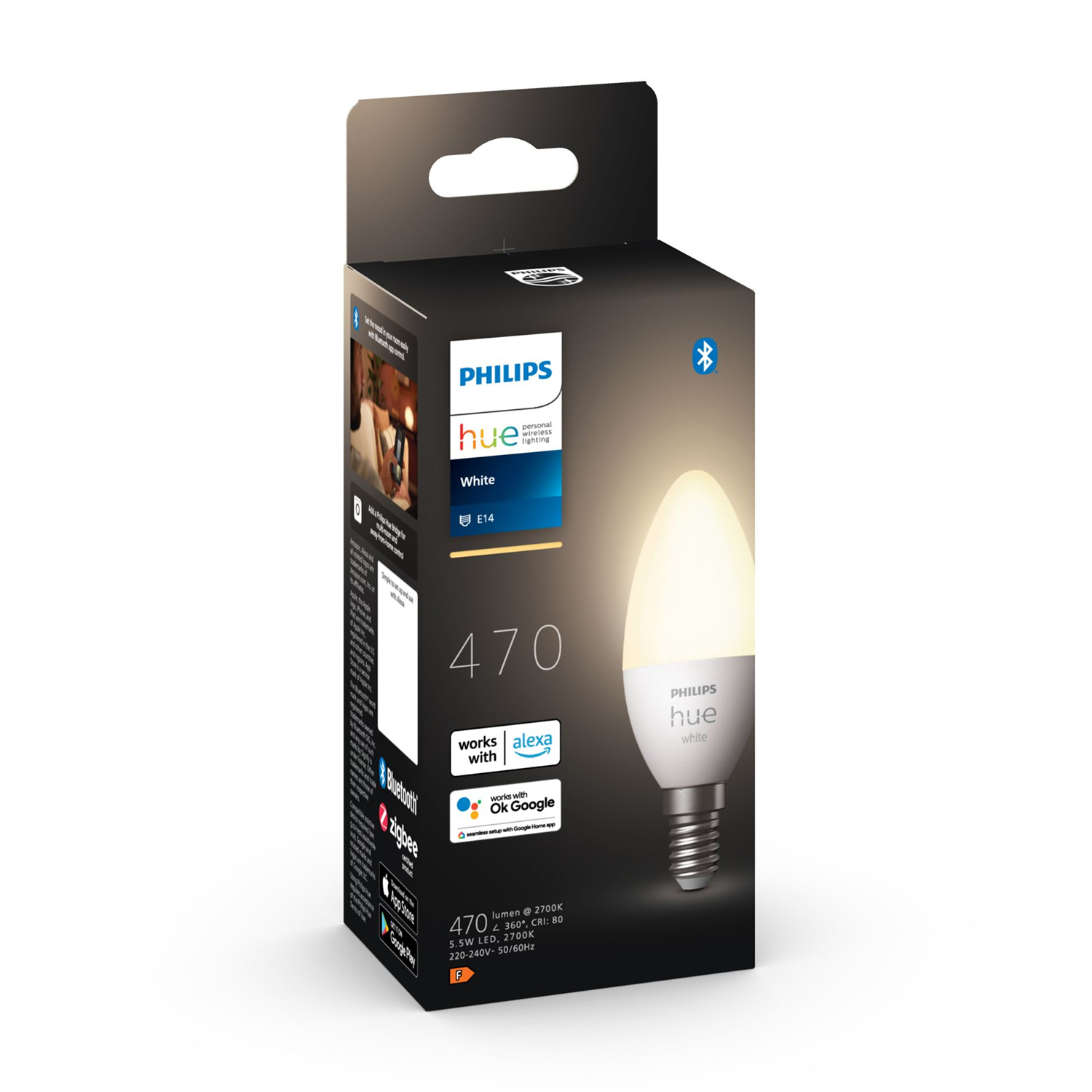 Lampadina intelligente Philips Hue in scatola. La scatola è nera e ha una lampadina bianca.
