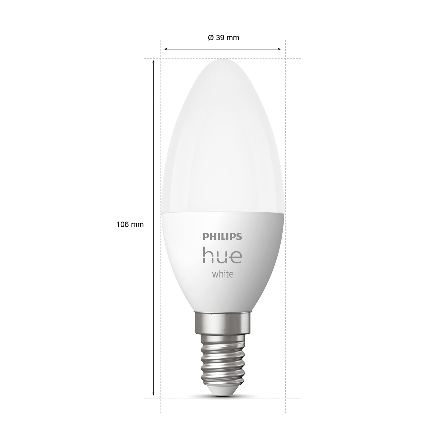 Lampadina Philips Hue bianca con dimensioni su sfondo bianco.