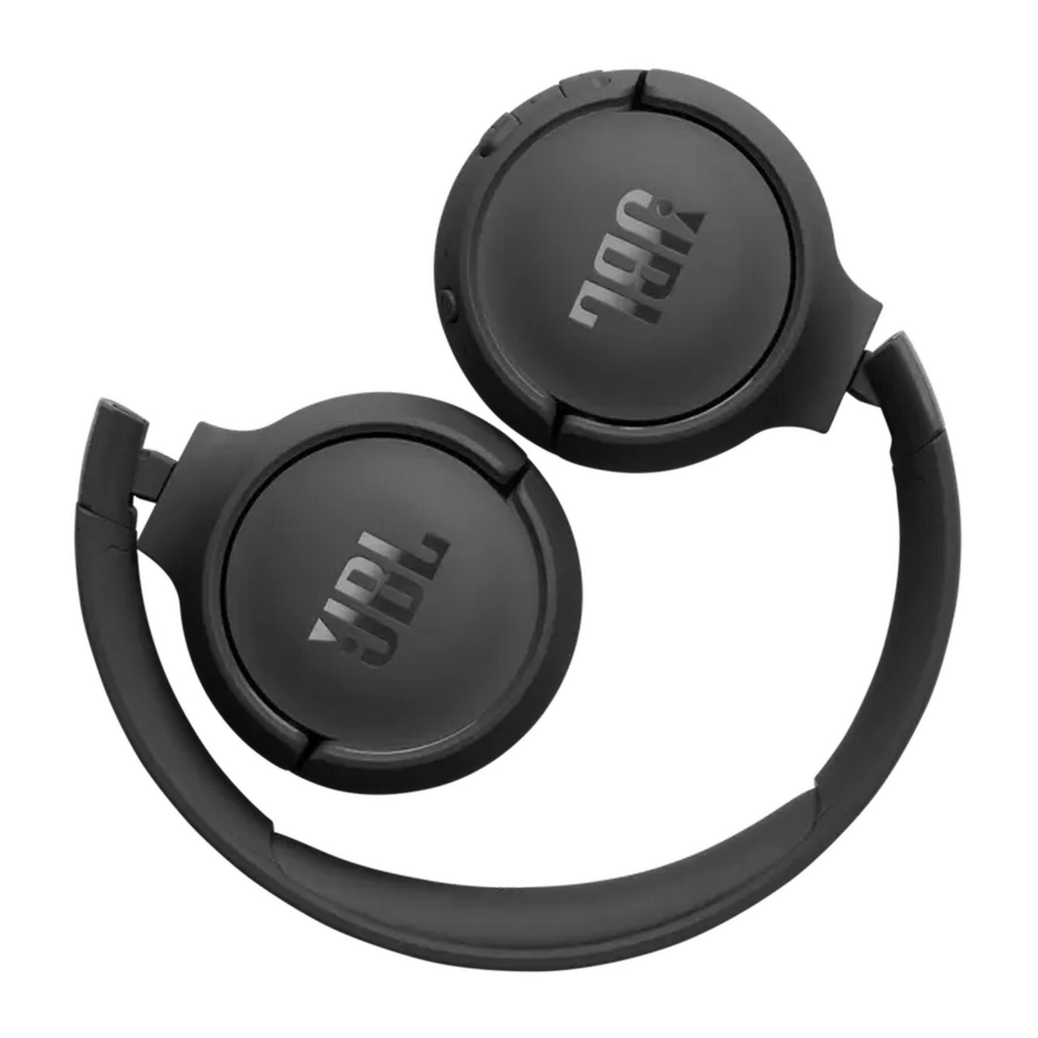 Casque JBL noir, plié. Les écouteurs ont des logos JBL.