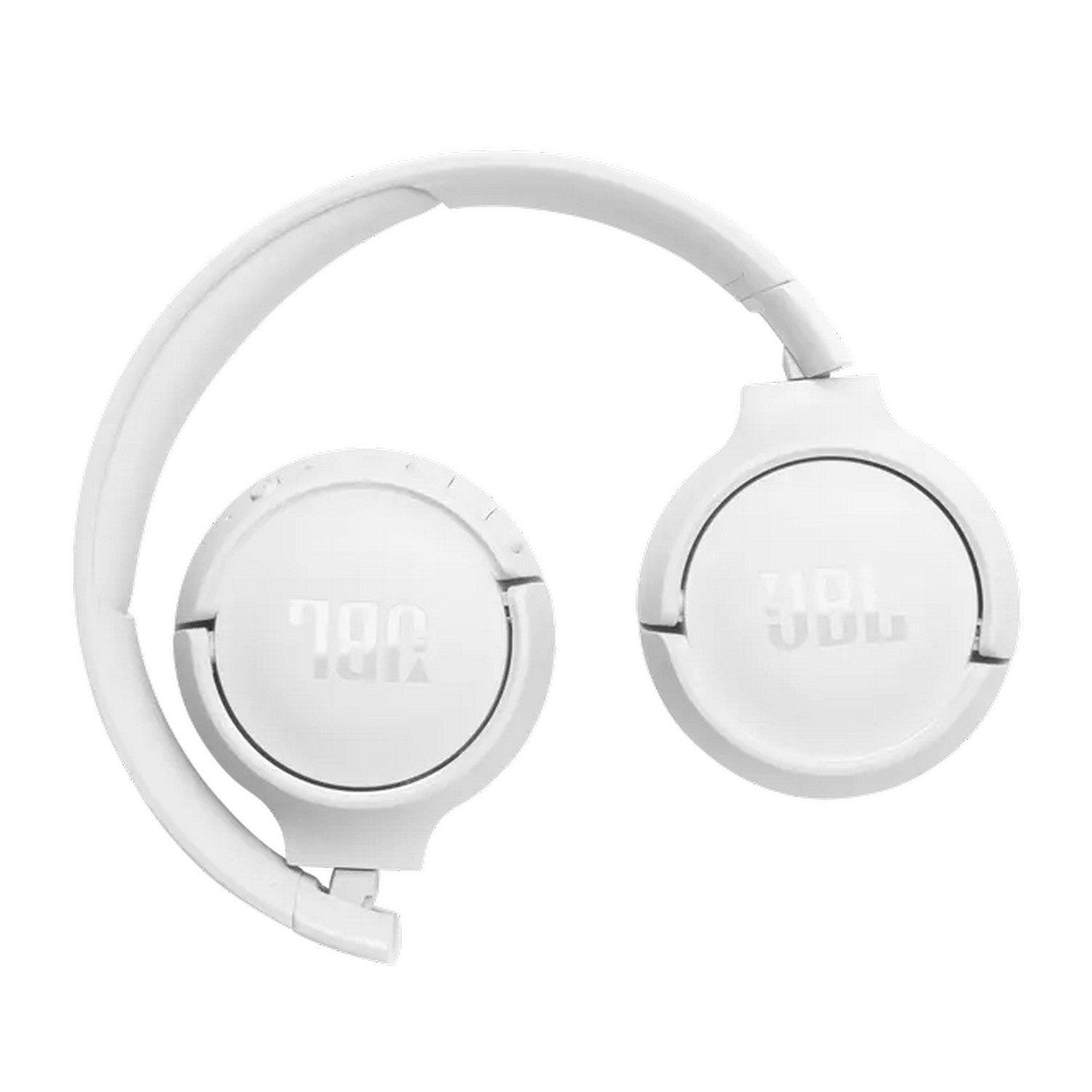 Witte opvouwbare koptelefoon, van de zijkant gezien. Het JBL-logo is zichtbaar op elke oorschelp.