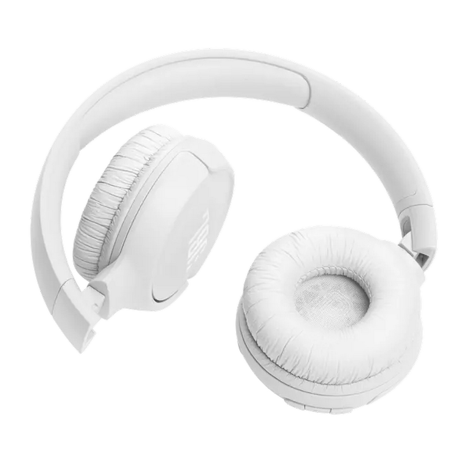 Witte, opgevouwen koptelefoon met grote oorschelpen en een gebogen hoofdband, op een witte achtergrond.