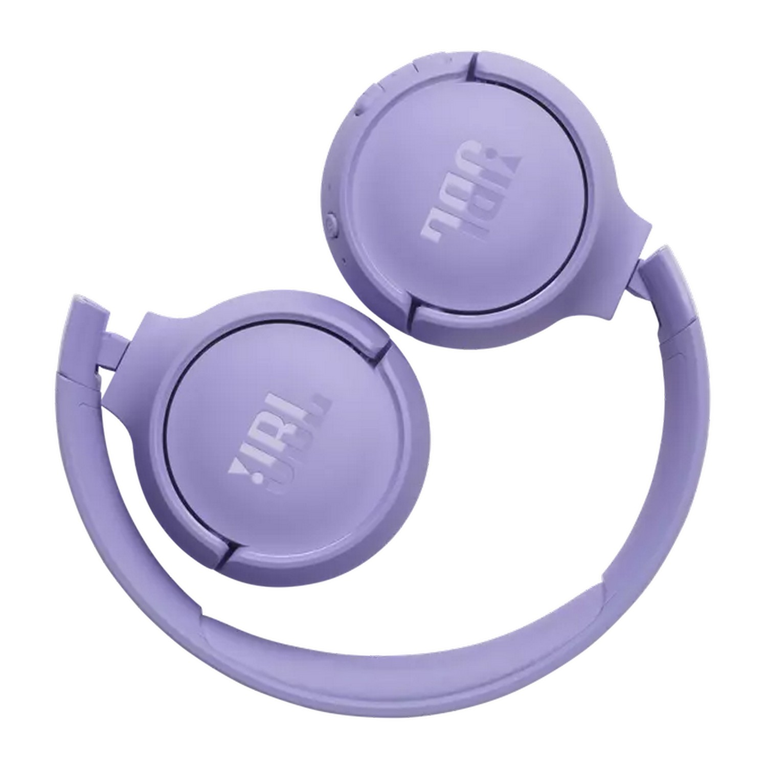 Paarse JBL-hoofdtelefoon, opgevouwen. Het JBL-logo staat op de oorschelpen.