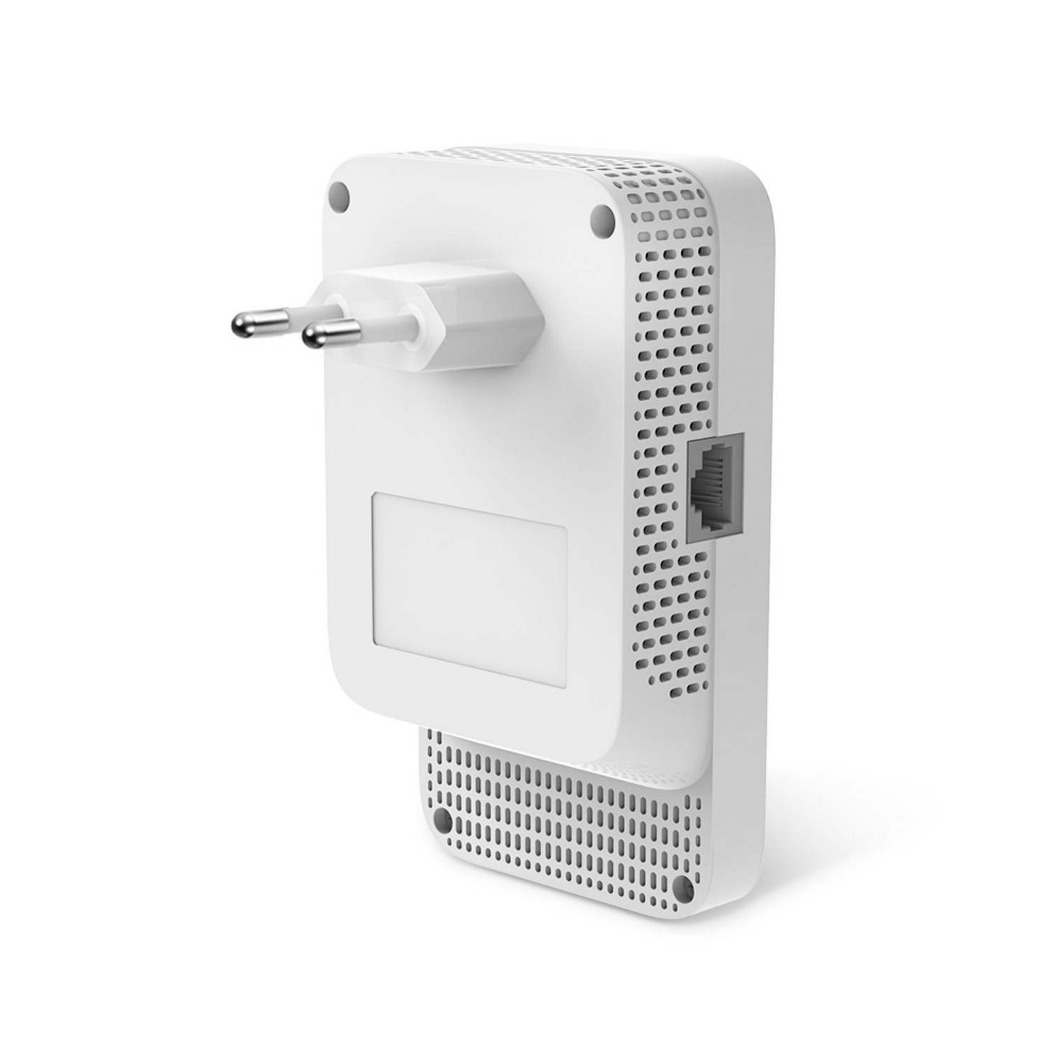 A white, rectangular network device with a power plug, ventilation holes, and an Ethernet port, isolated on a white background.
