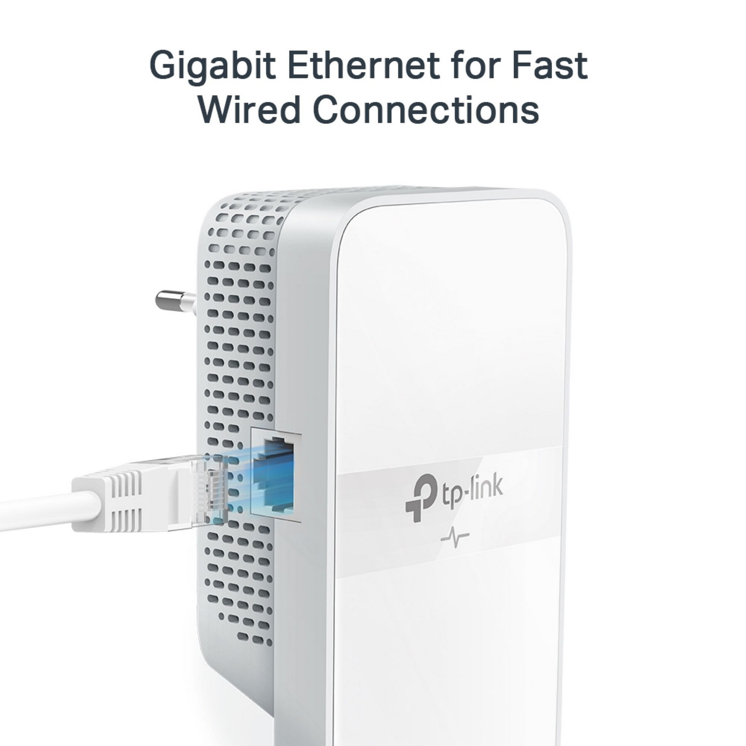 A white TP-Link device with a connected Ethernet cable. Text: Gigabit Ethernet for Fast Wired Connections.