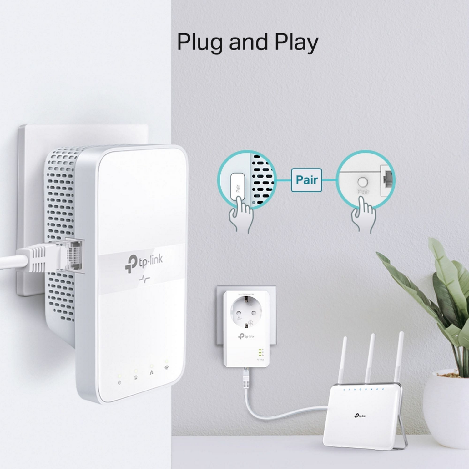 A white TP-Link network extender plugged into a wall outlet. Another TP-Link device is plugged into a wall outlet. A router is on a desk.