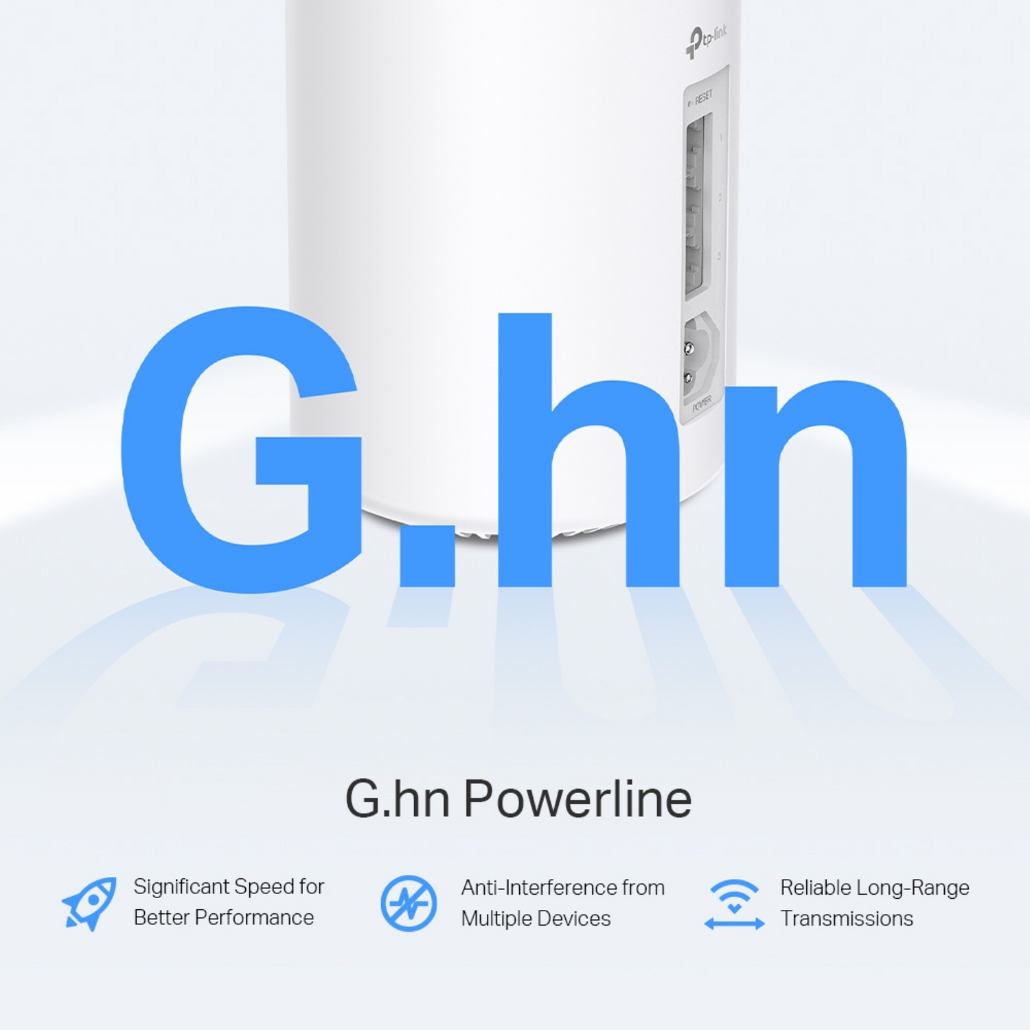 White powerline adapter with blue text G.hn and icons for speed, anti-interference, and reliable transmissions.