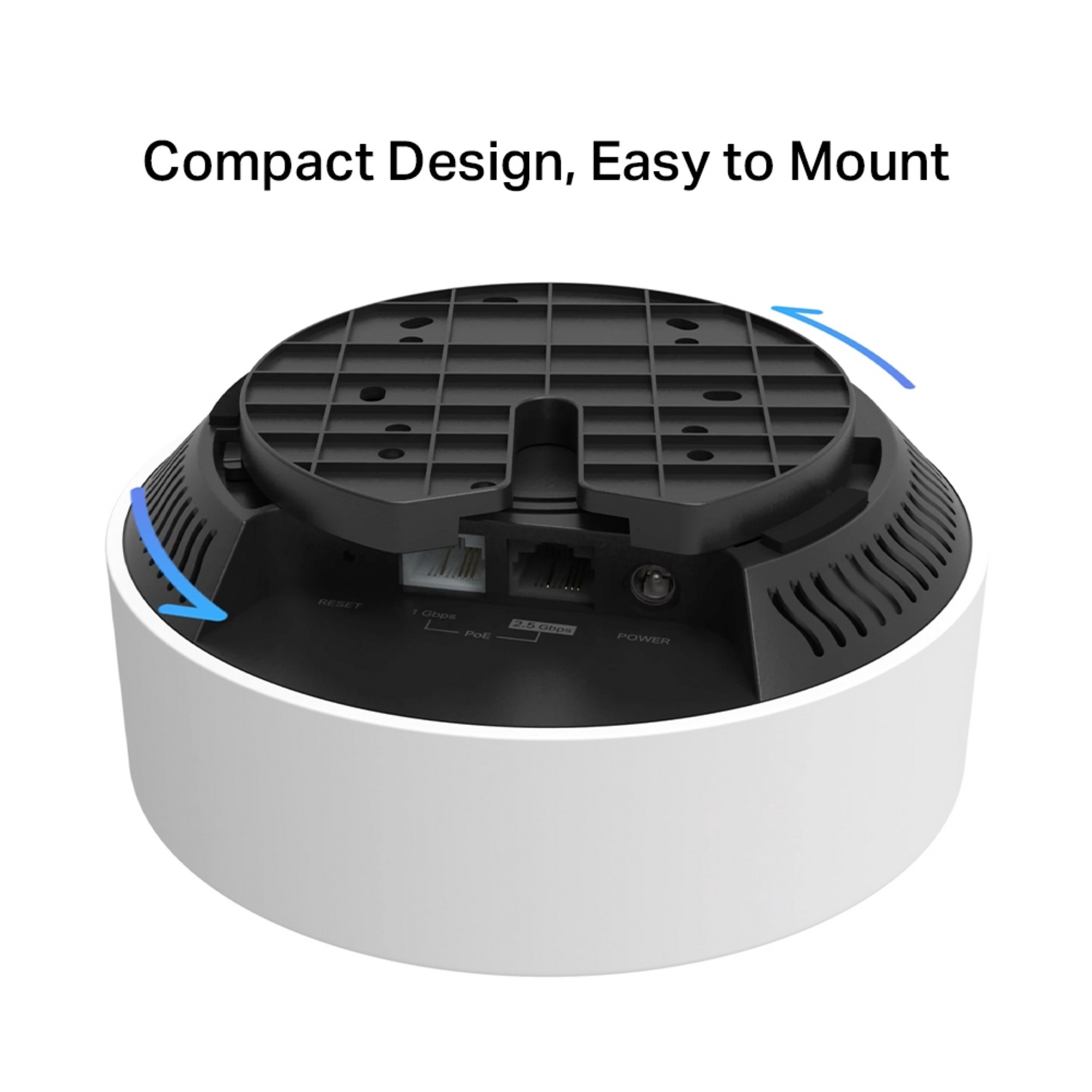 Bottom view of a white and black network device.